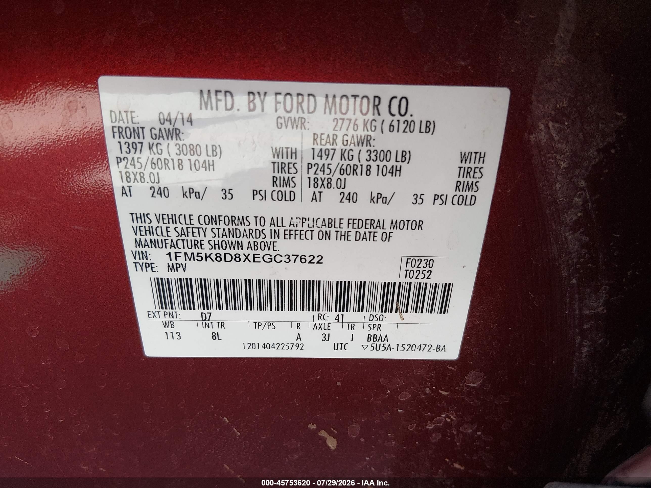 2014 Ford Explorer Xlt Red vin: 1FM5K8D8XEGC37622