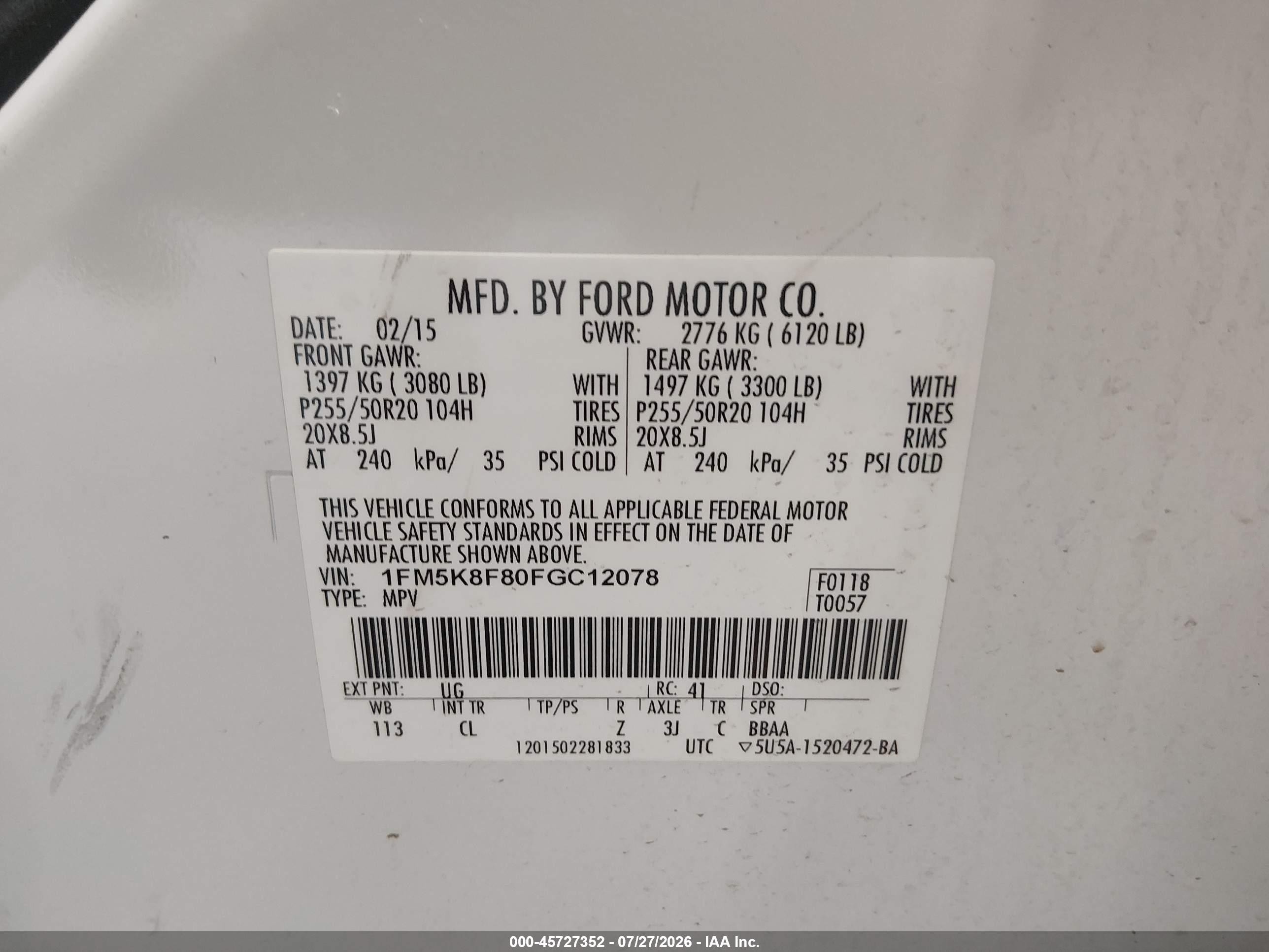 2015 Ford Explorer Limited White vin: 1FM5K8F80FGC12078