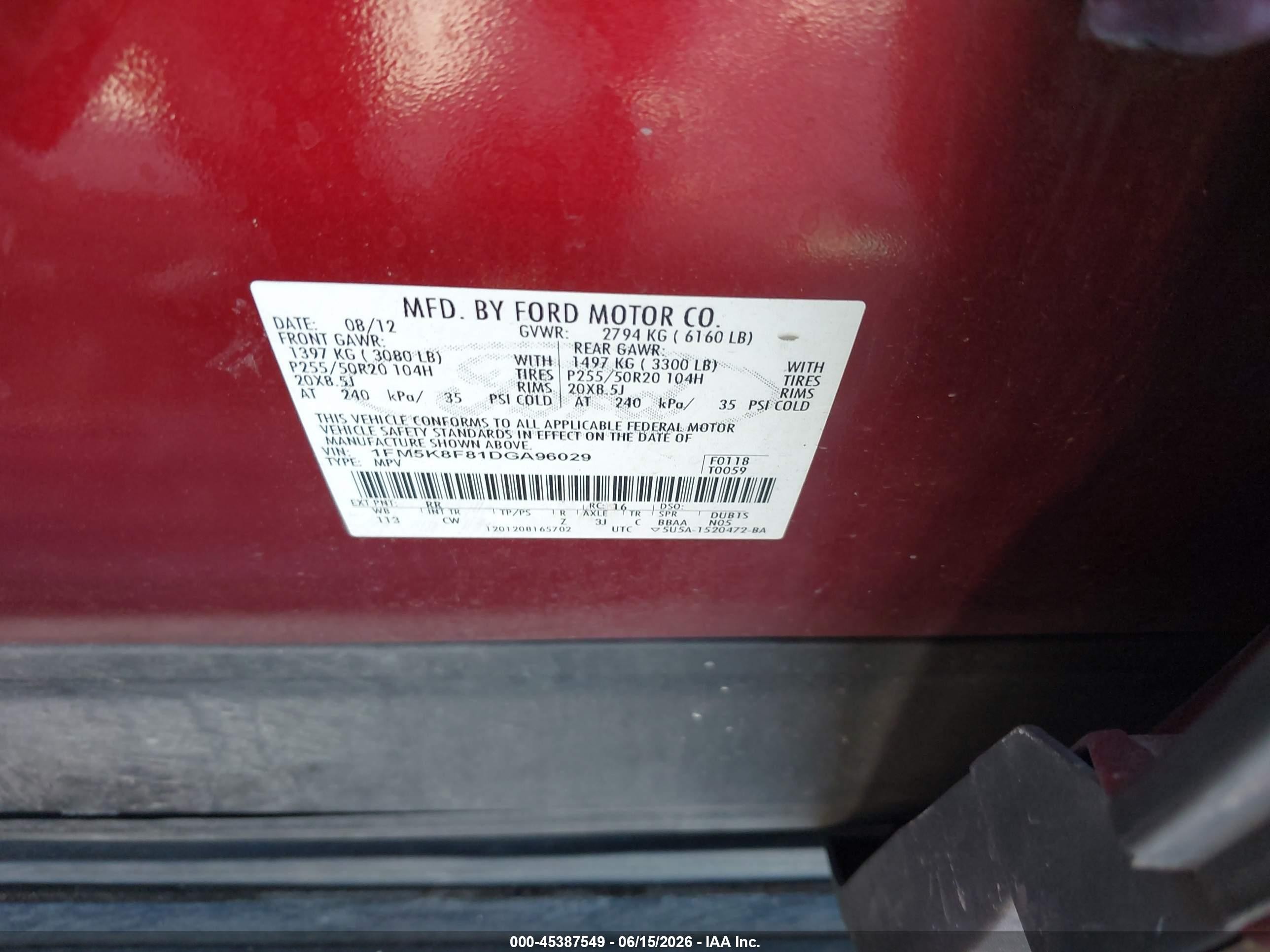2013 Ford Explorer Limited Red vin: 1FM5K8F81DGA96029