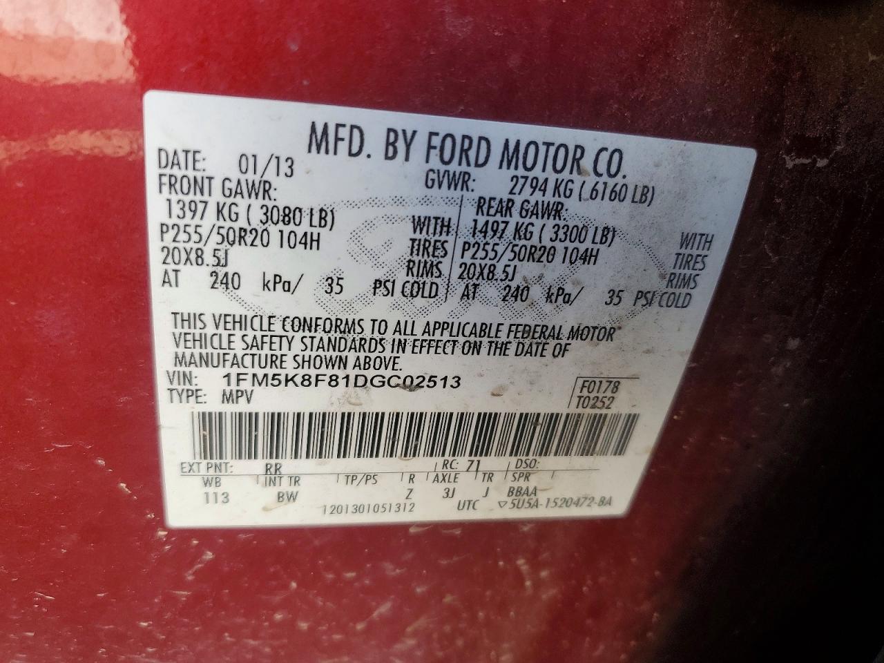 2013 Ford Explorer Limited Red vin: 1FM5K8F81DGC02513