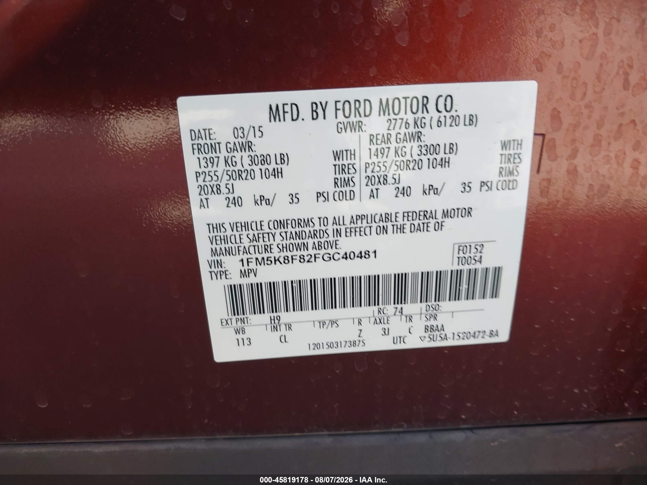 2015 Ford Explorer Limited Red vin: 1FM5K8F82FGC40481