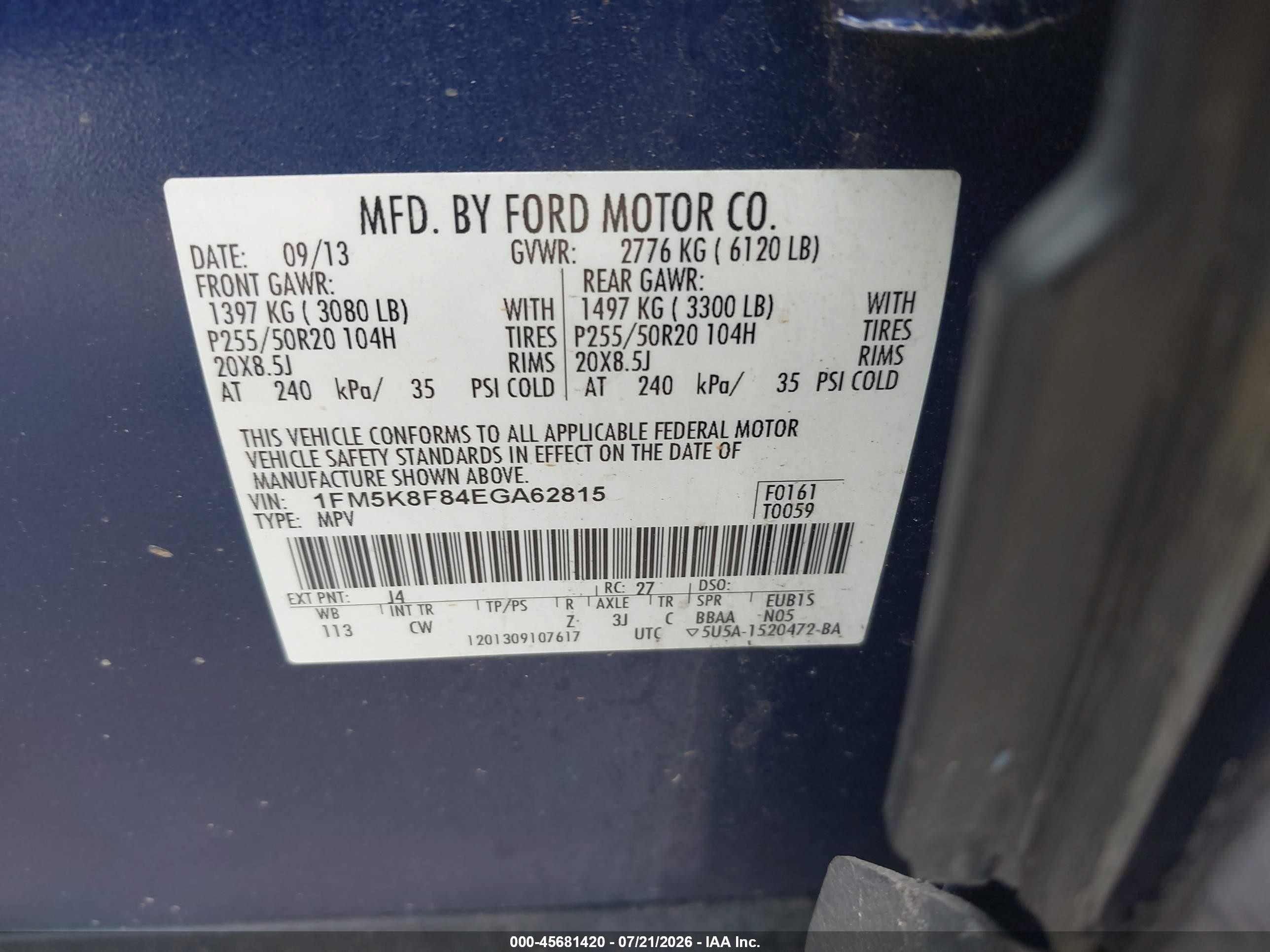 2014 Ford Explorer Limited Blue vin: 1FM5K8F84EGA62815