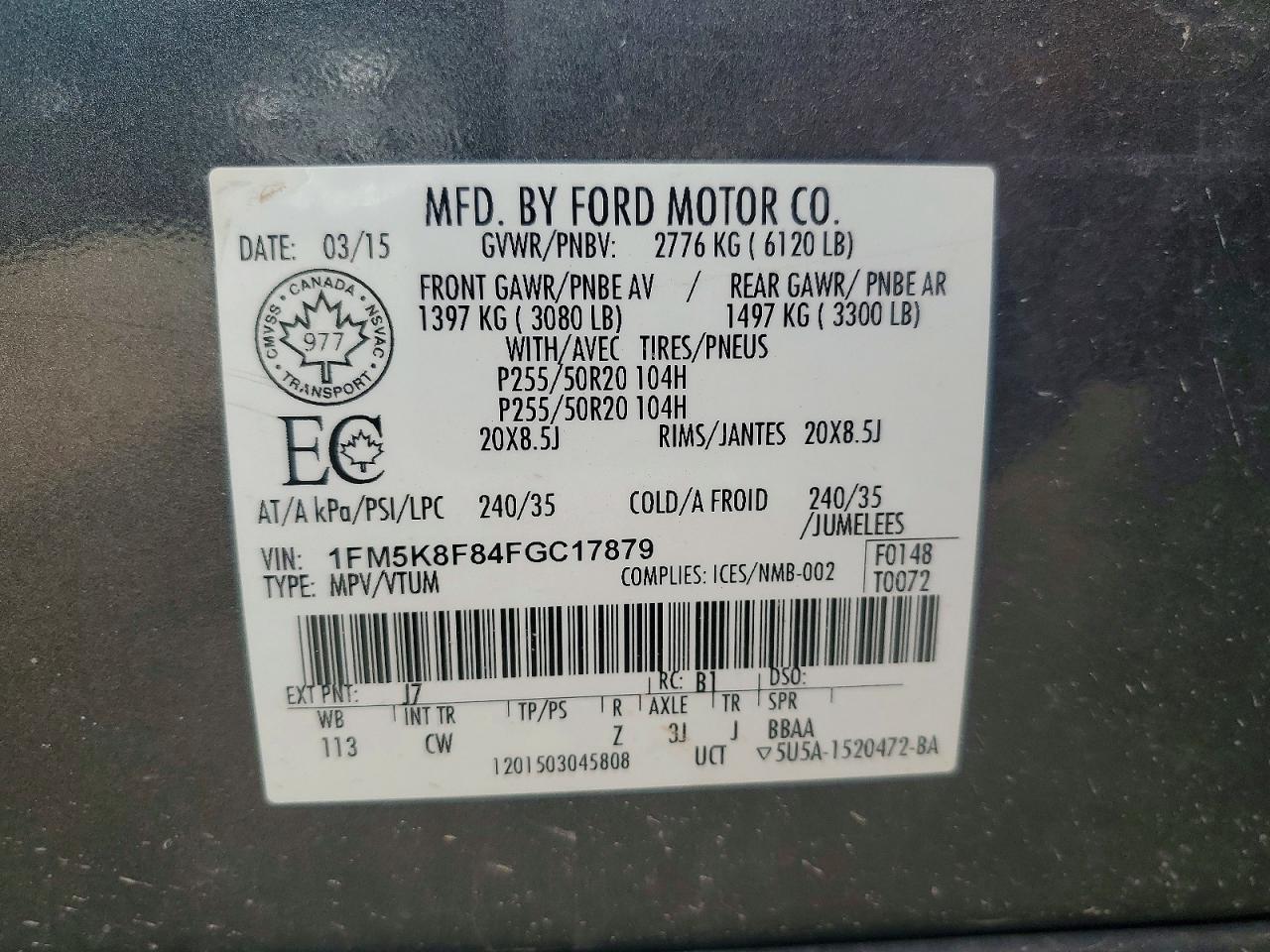 2015 Ford Explorer Limited Серый vin: 1FM5K8F84FGC17879