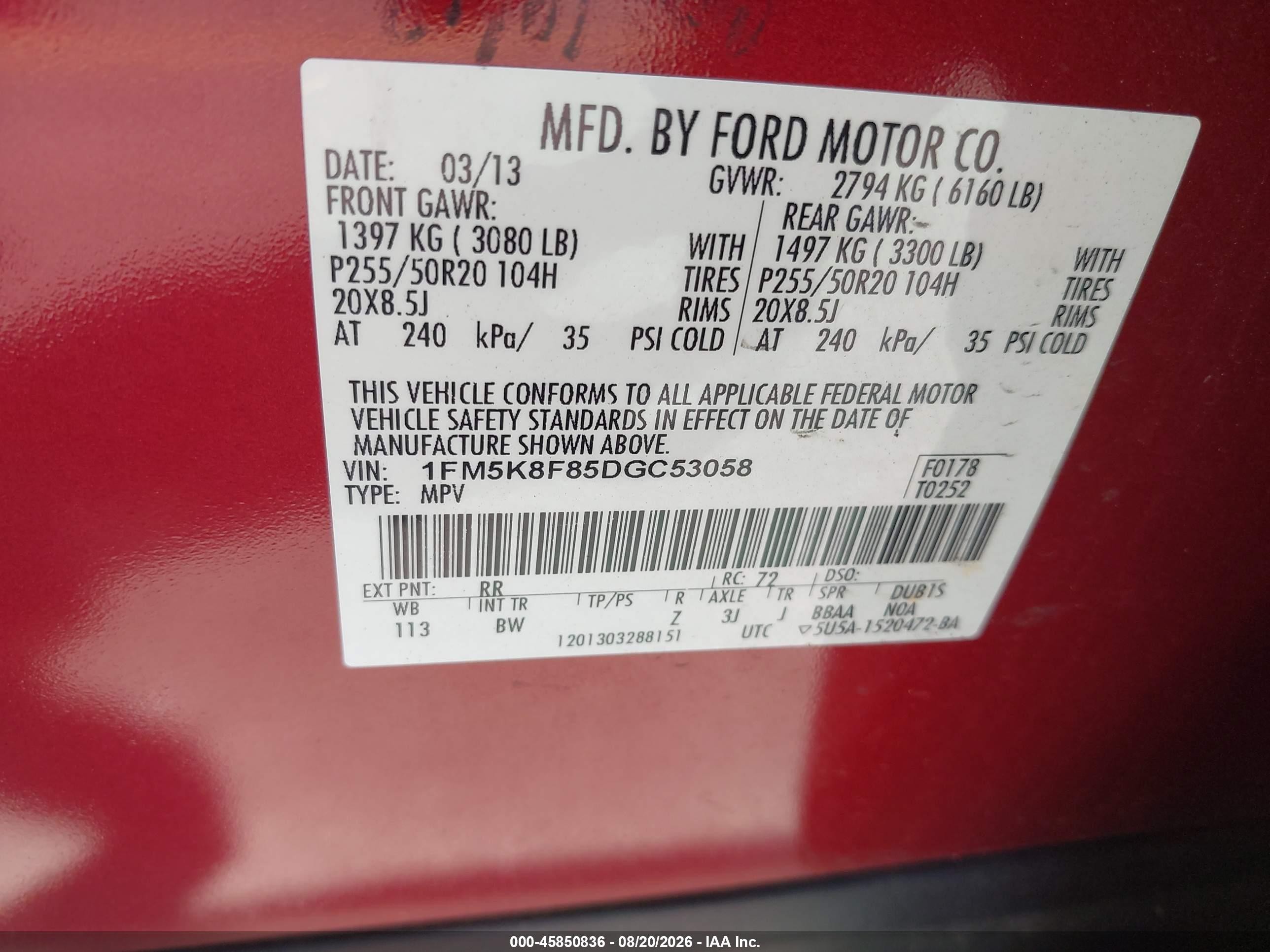 2013 Ford Explorer Limited Red vin: 1FM5K8F85DGC53058