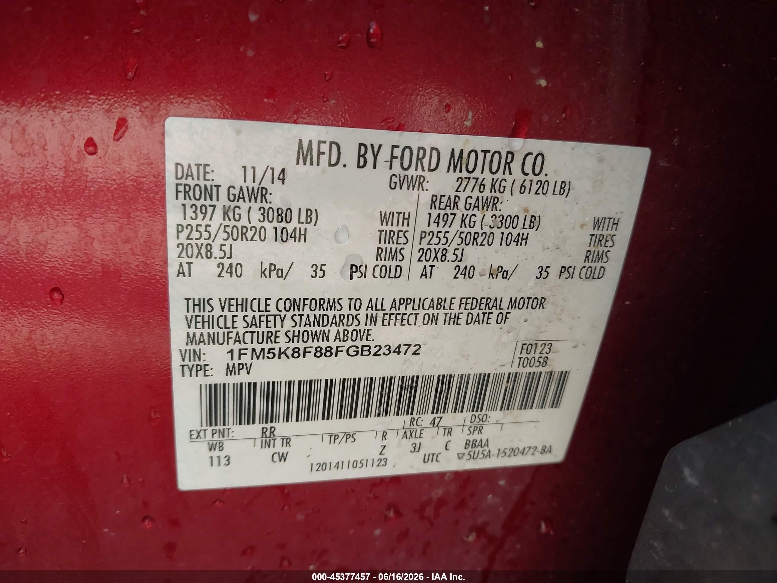 2015 Ford Explorer Limited Red vin: 1FM5K8F88FGB23472