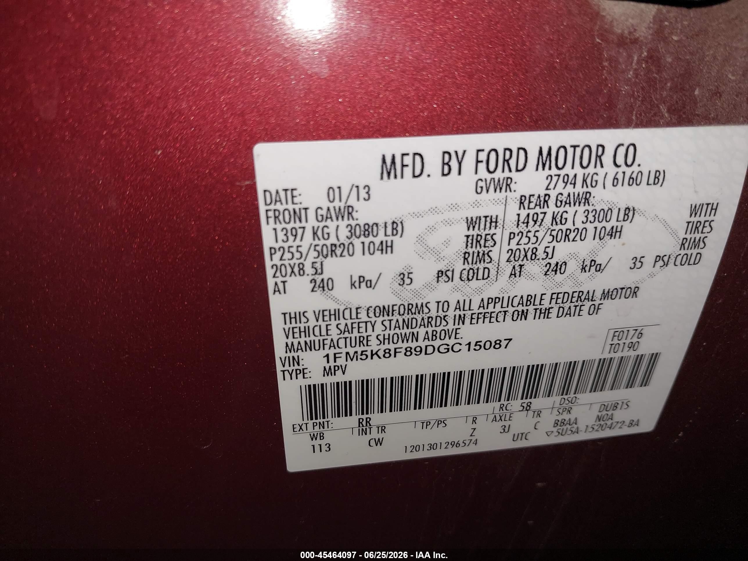 2013 Ford Explorer Limited Red vin: 1FM5K8F89DGC15087