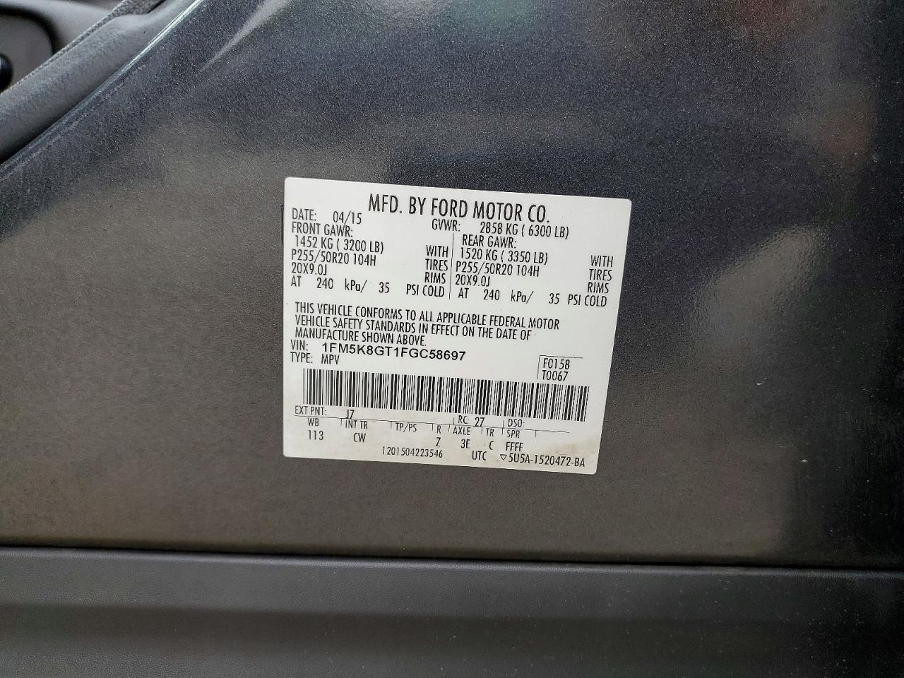 2015 Ford Explorer Sport Charcoal vin: 1FM5K8GT1FGC58697