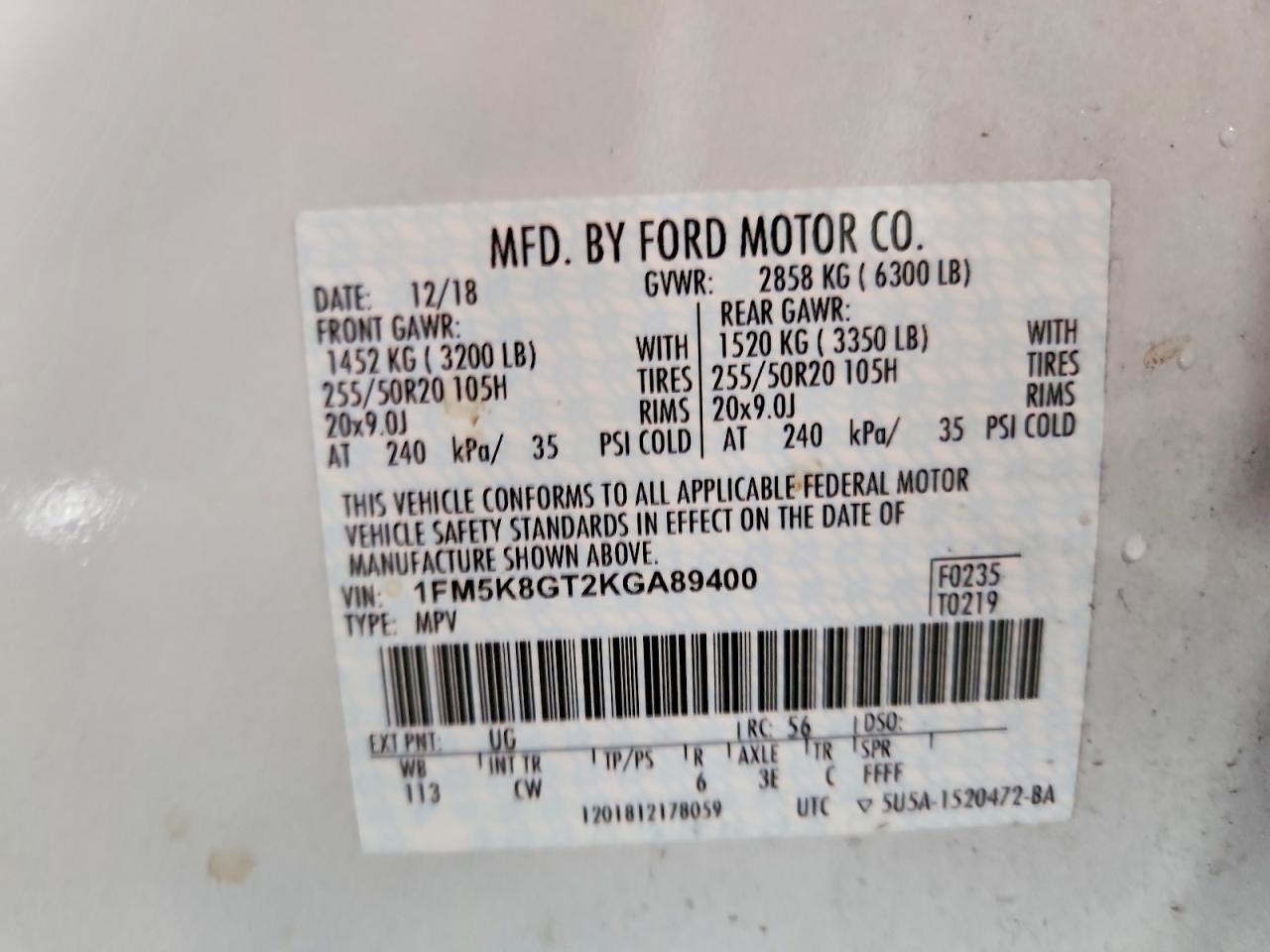 2019 Ford Explorer Sport White vin: 1FM5K8GT2KGA89400