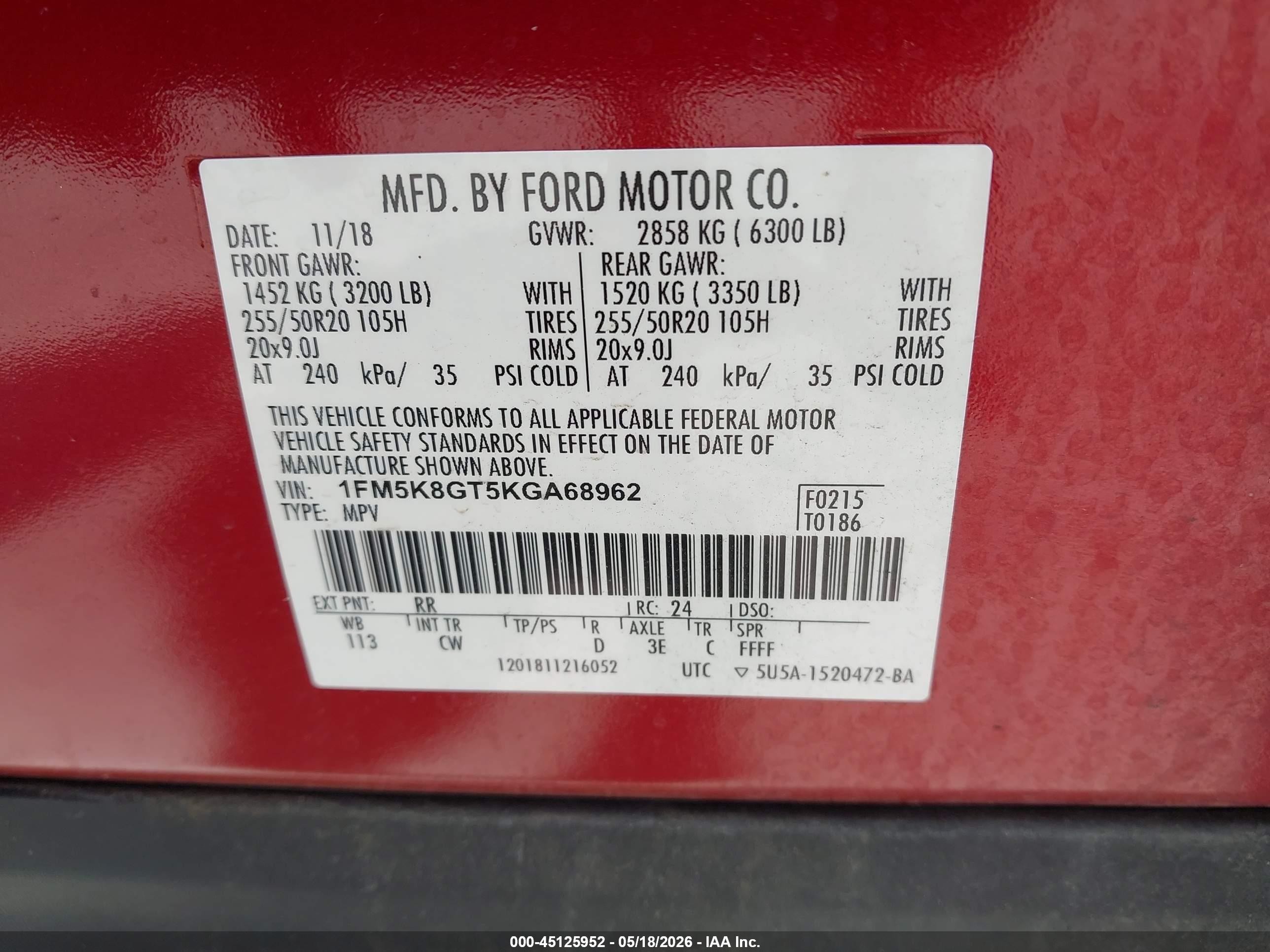 2019 Ford Explorer Sport Red vin: 1FM5K8GT5KGA68962