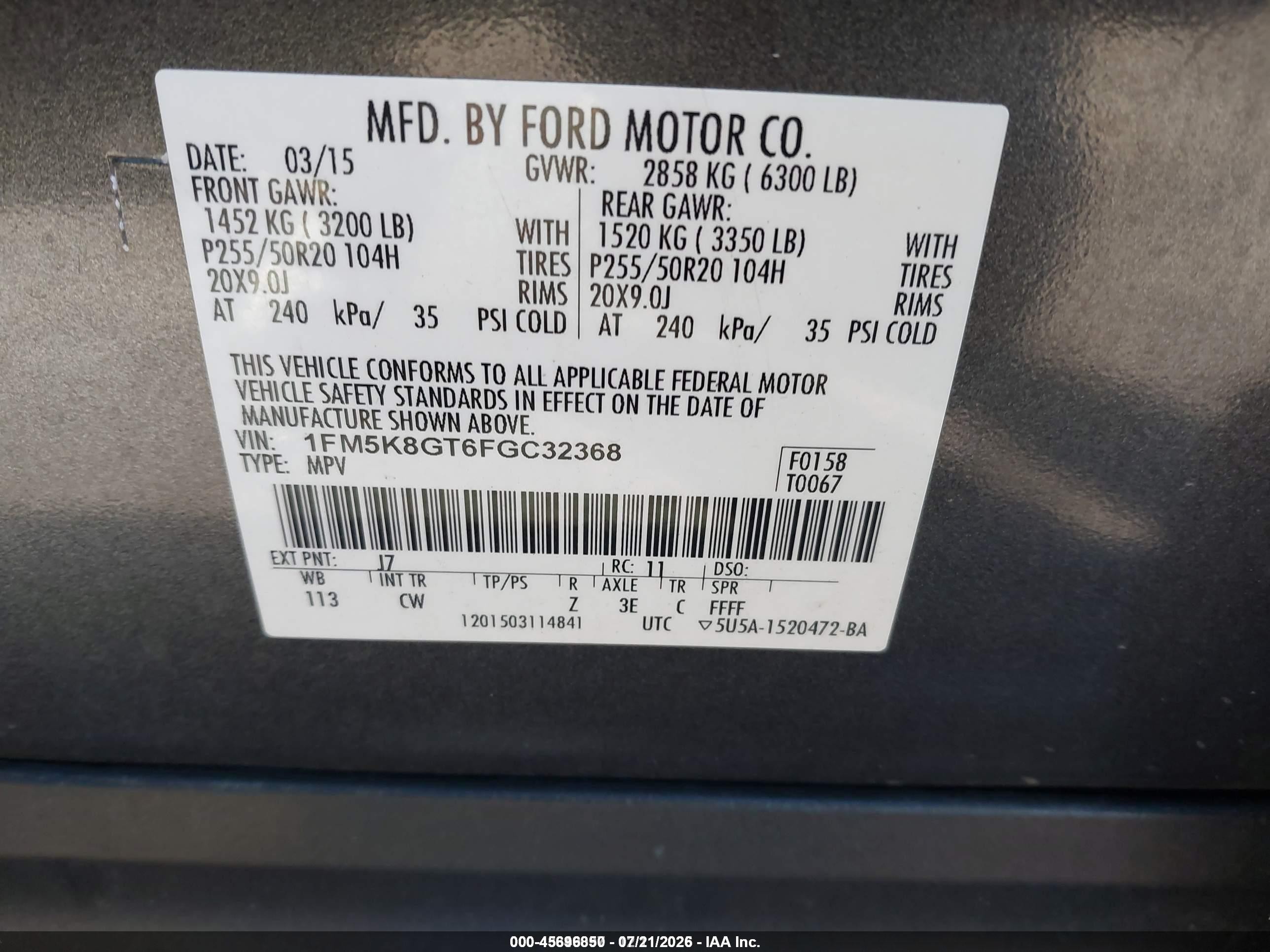 2015 Ford Explorer Sport Gray vin: 1FM5K8GT6FGC32368