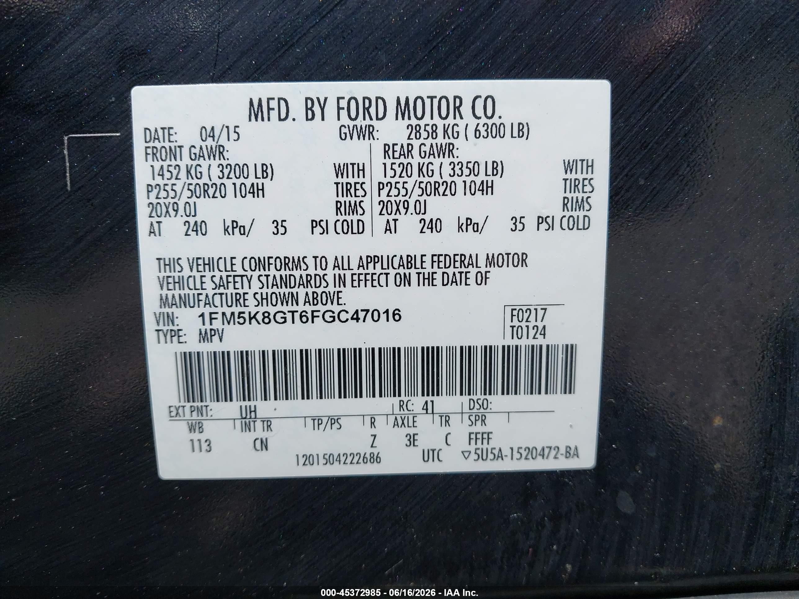 2015 Ford Explorer Sport Black vin: 1FM5K8GT6FGC47016
