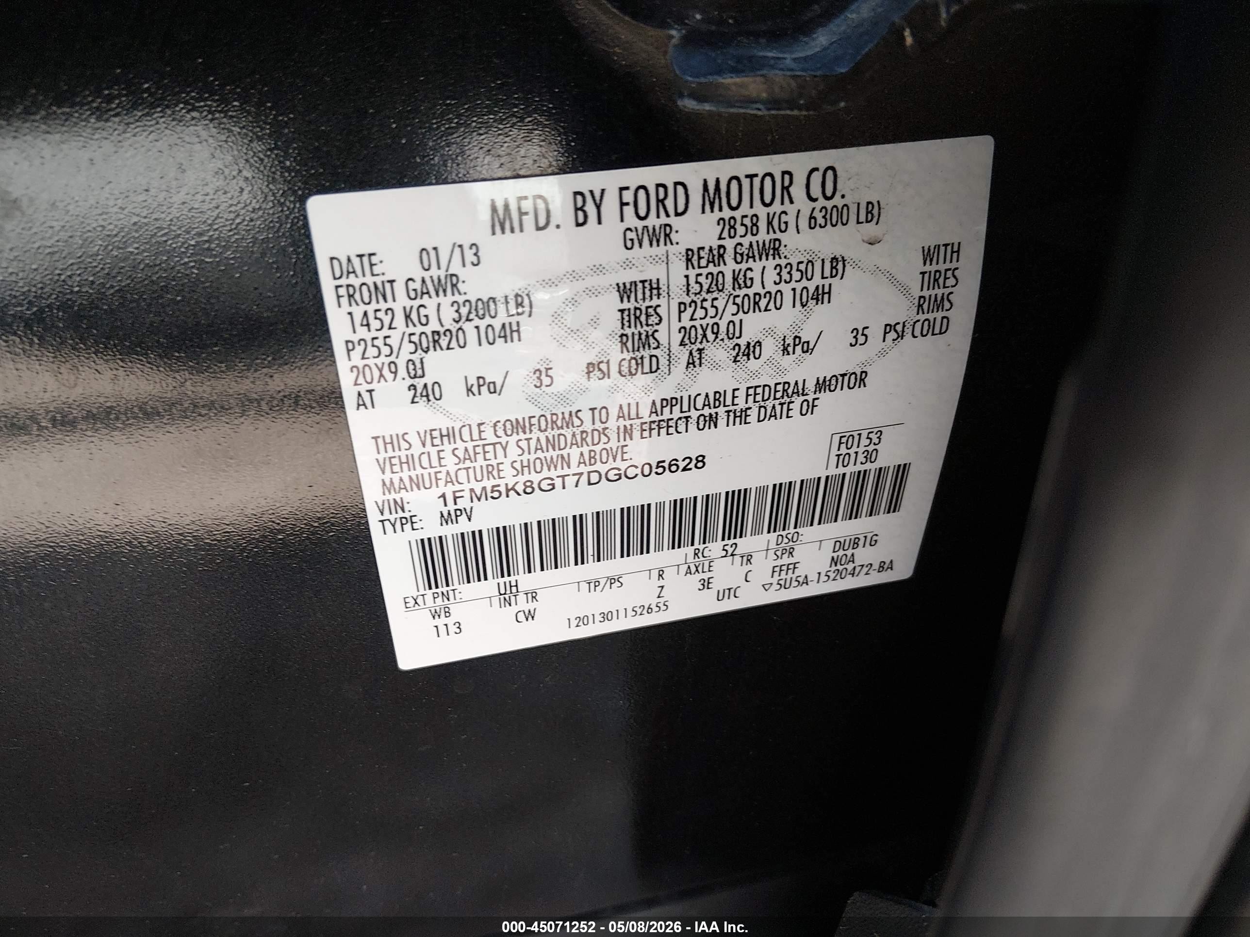 2013 Ford Explorer Sport Black vin: 1FM5K8GT7DGC05628