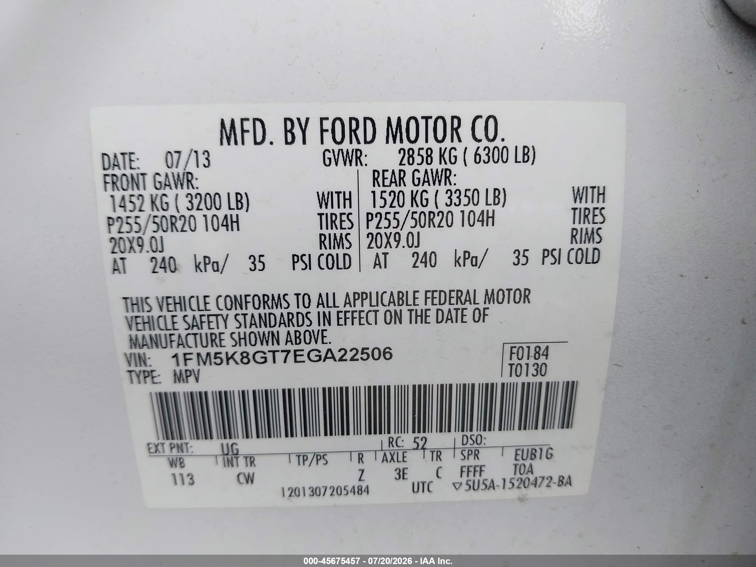 2014 Ford Explorer Sport White vin: 1FM5K8GT7EGA22506