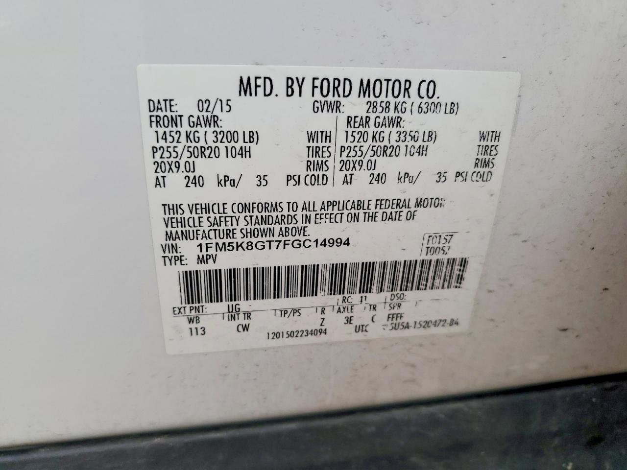 2015 Ford Explorer Sport White vin: 1FM5K8GT7FGC14994