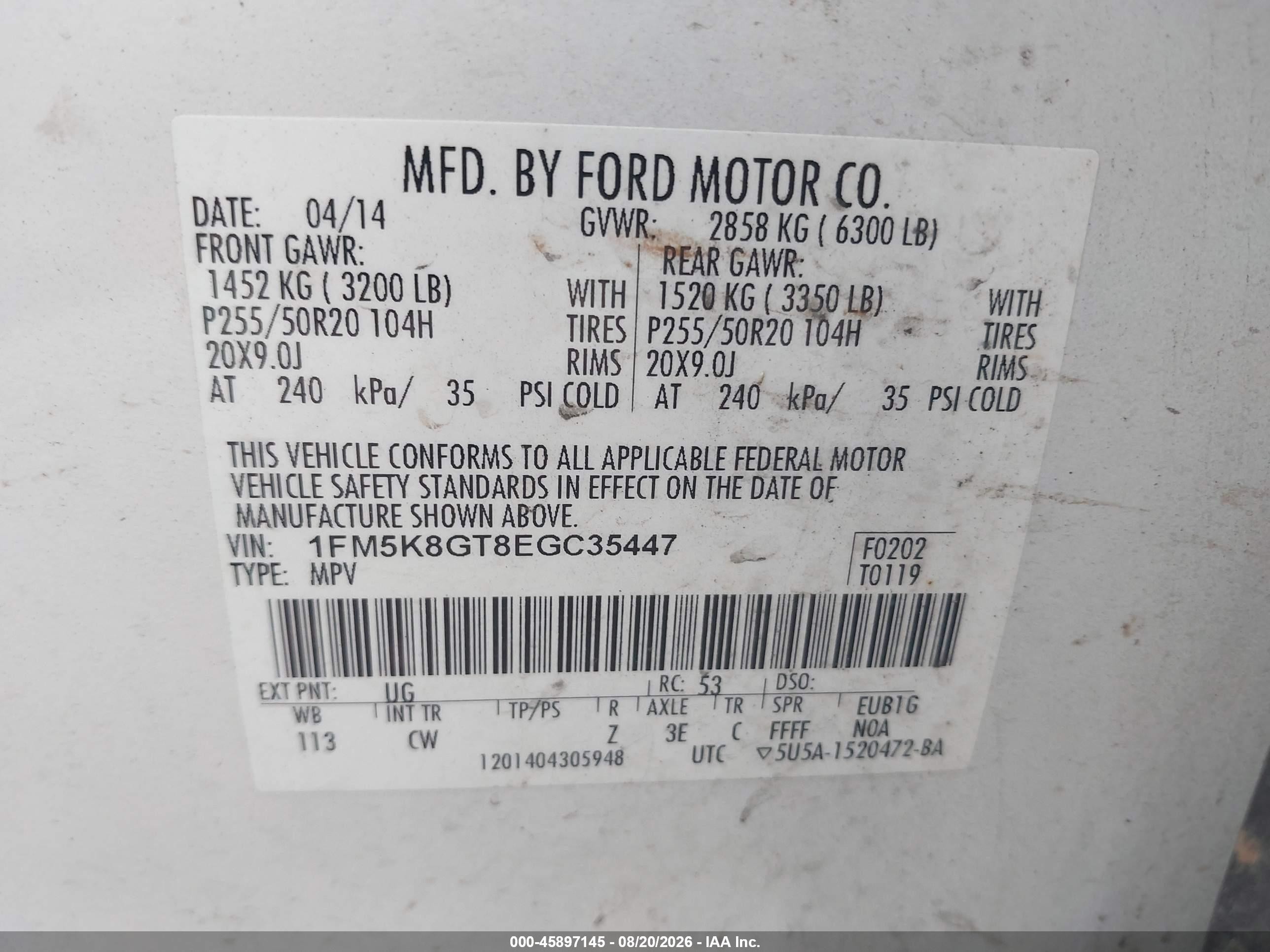 2014 Ford Explorer Sport White vin: 1FM5K8GT8EGC35447
