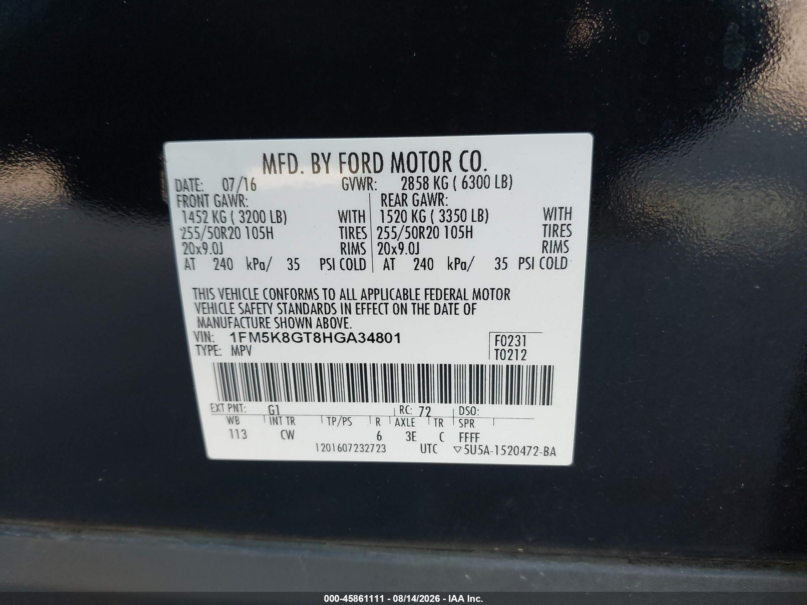 2017 Ford Explorer Sport Black vin: 1FM5K8GT8HGA34801