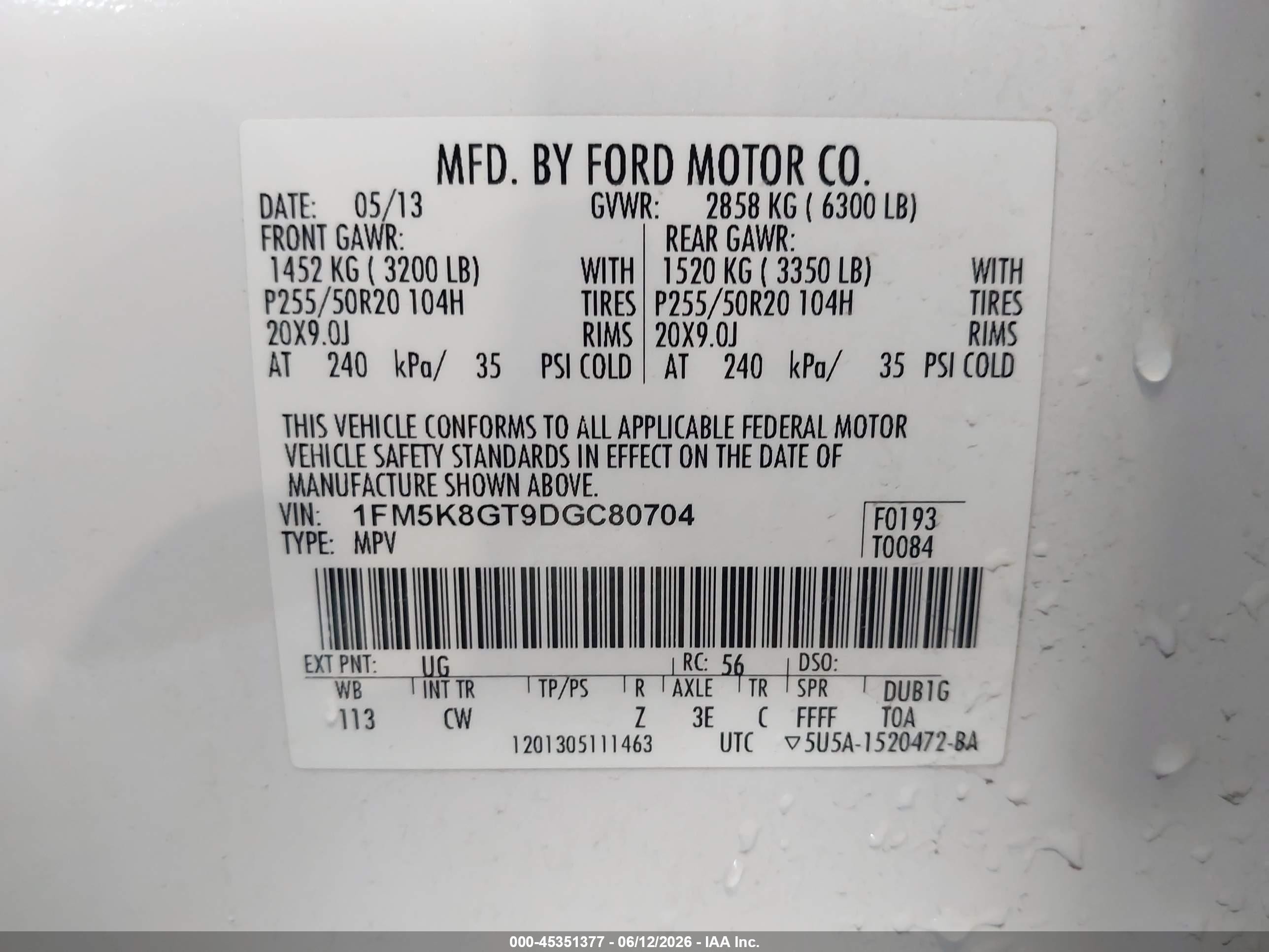 2013 Ford Explorer Sport White vin: 1FM5K8GT9DGC80704