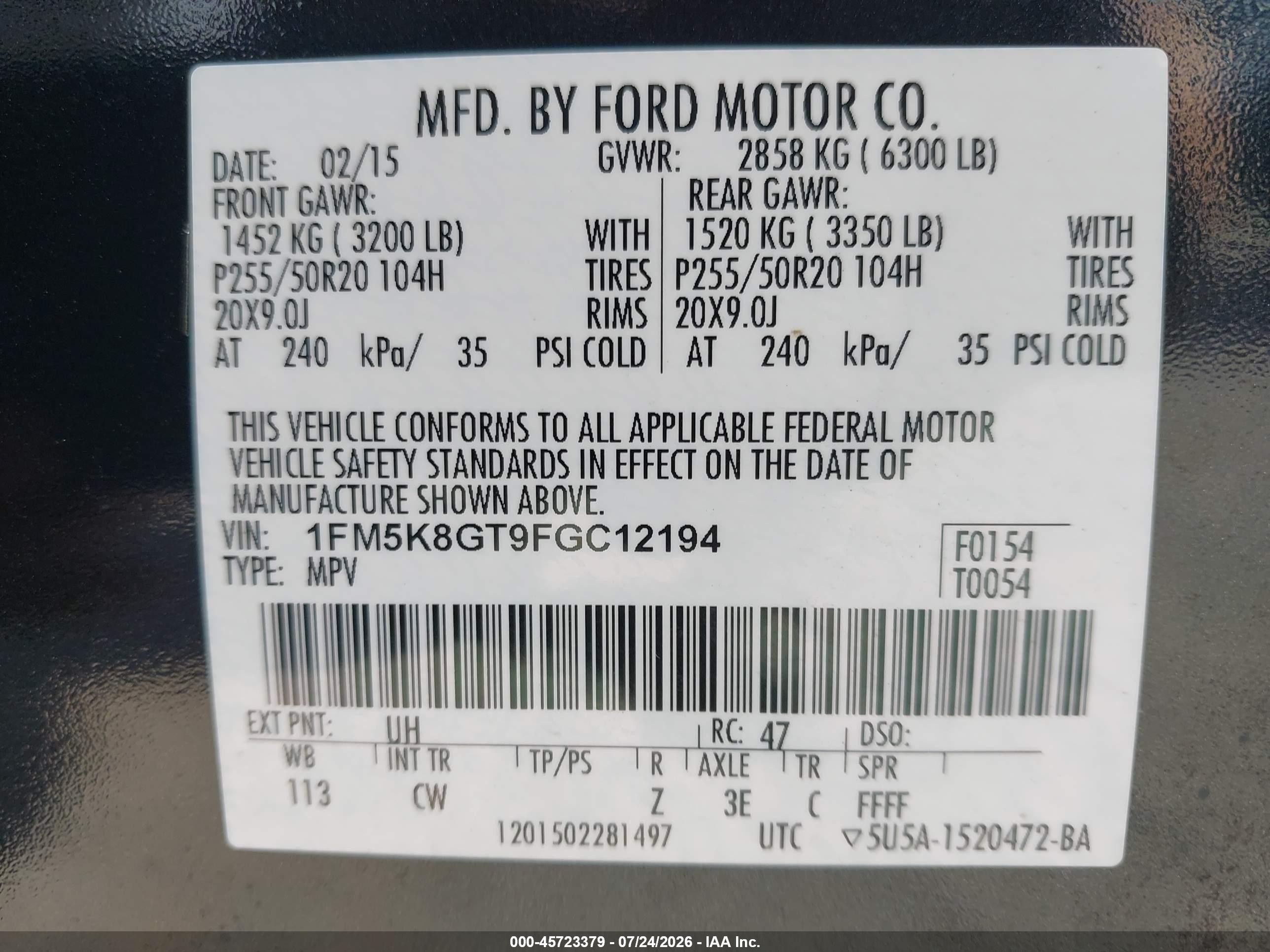 2015 Ford Explorer Sport Black vin: 1FM5K8GT9FGC12194