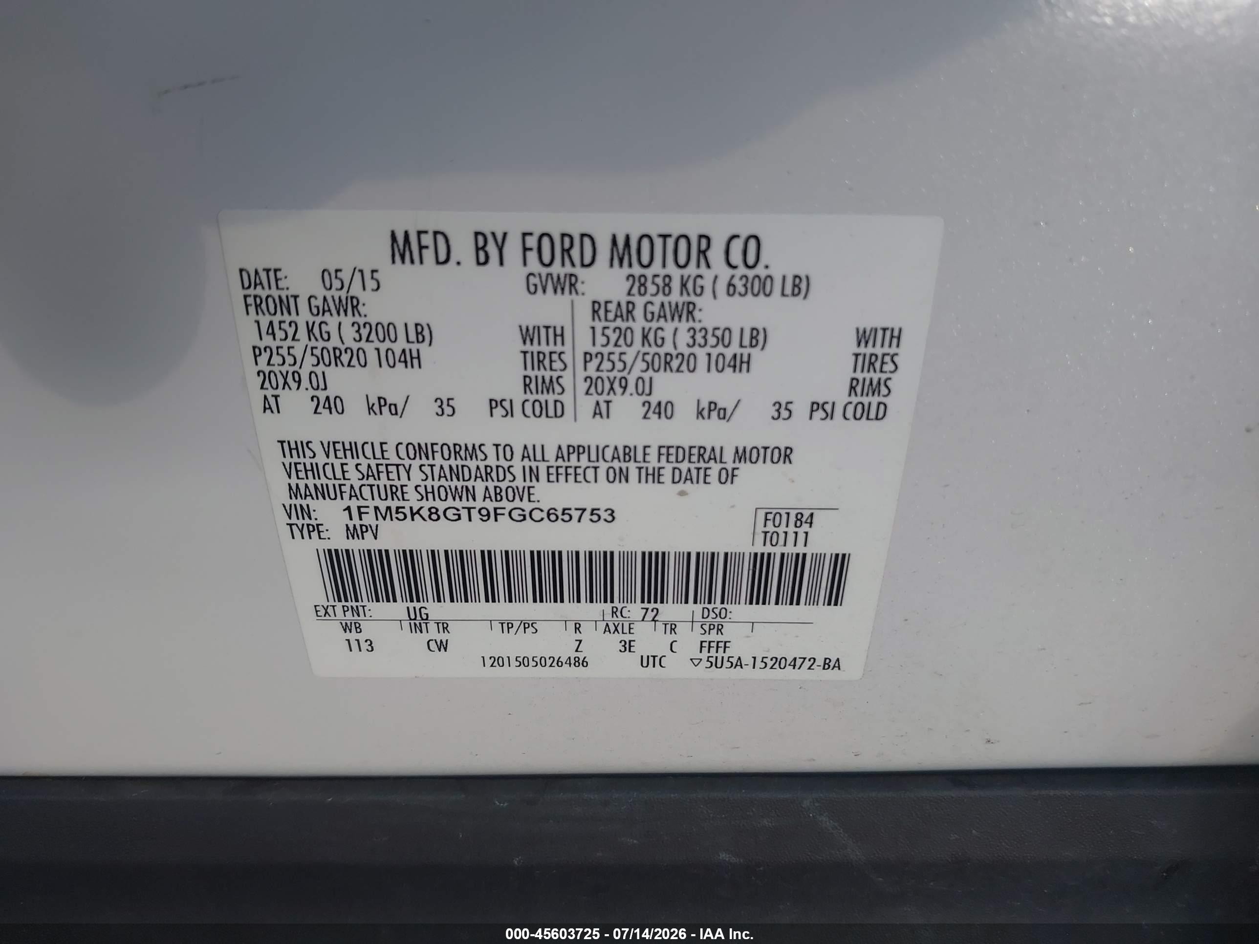 2015 Ford Explorer Sport White vin: 1FM5K8GT9FGC65753