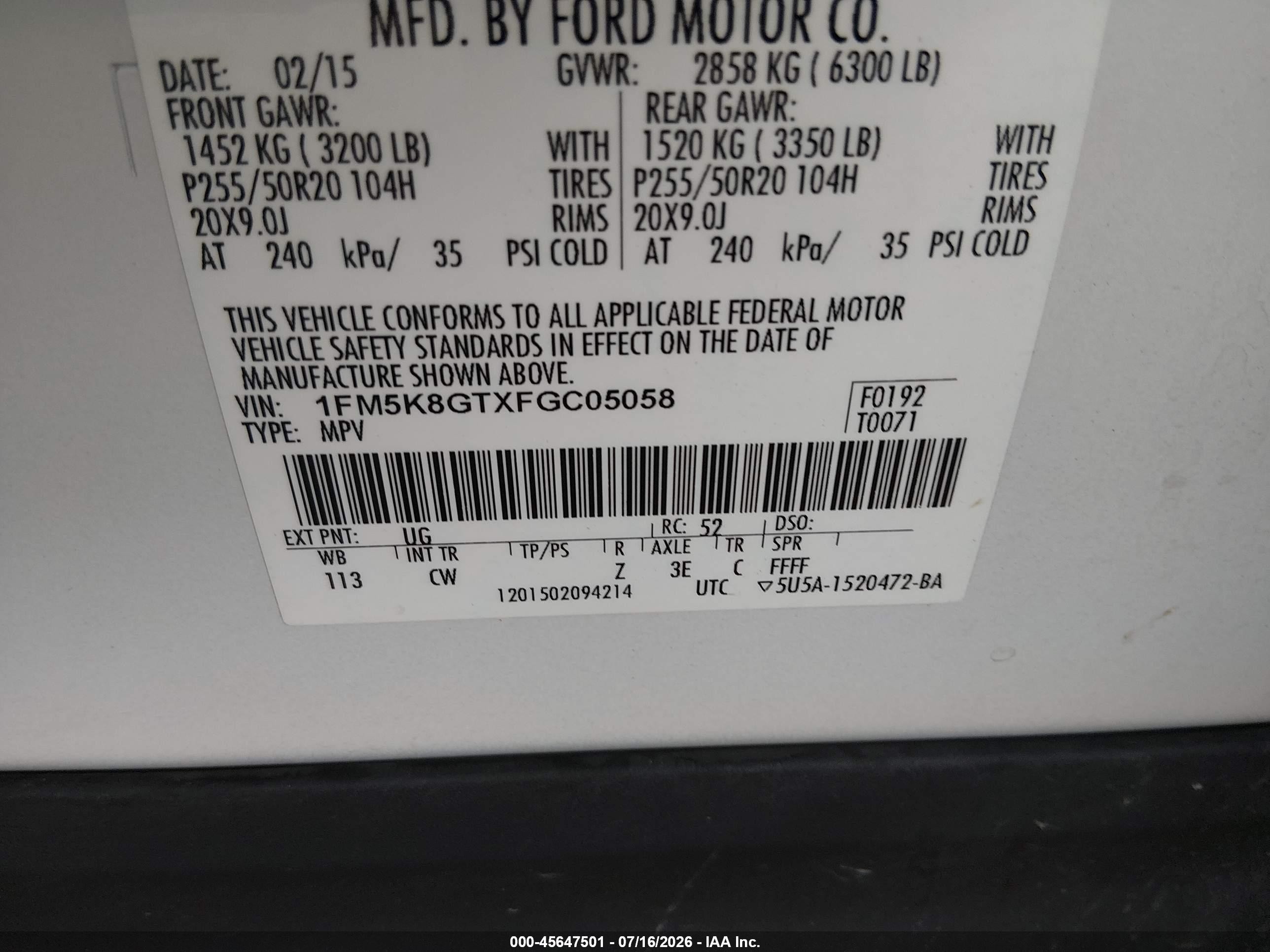 2015 Ford Explorer Sport White vin: 1FM5K8GTXFGC05058