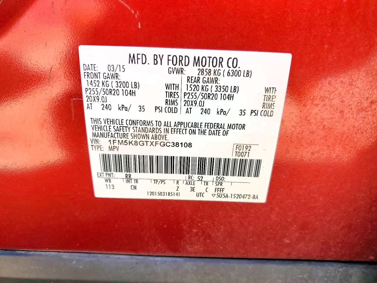 2015 Ford Explorer Red vin: 1FM5K8GTXFGC38108