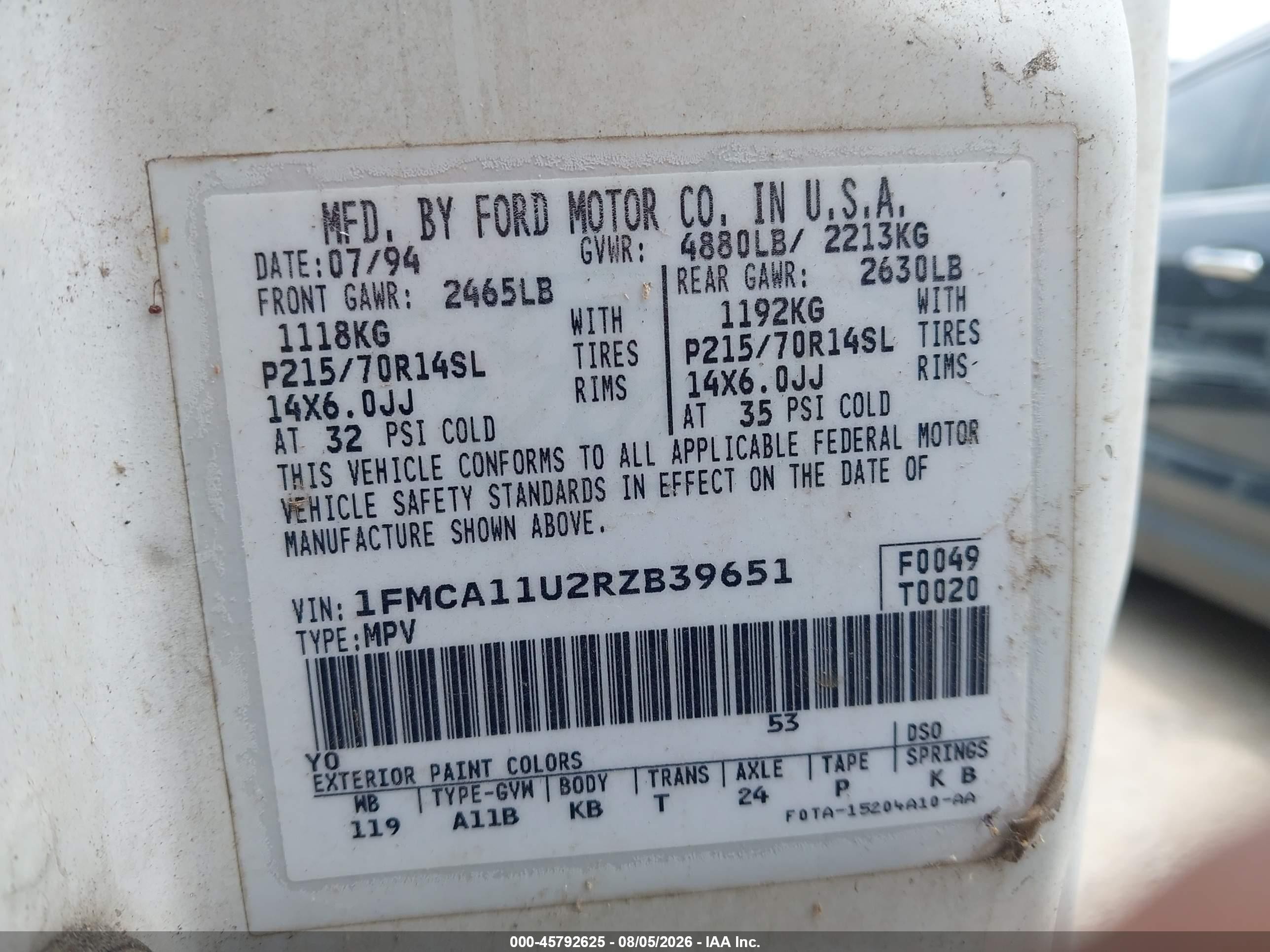 1994 Ford Aerostar   White vin: 1FMCA11U2RZB39651