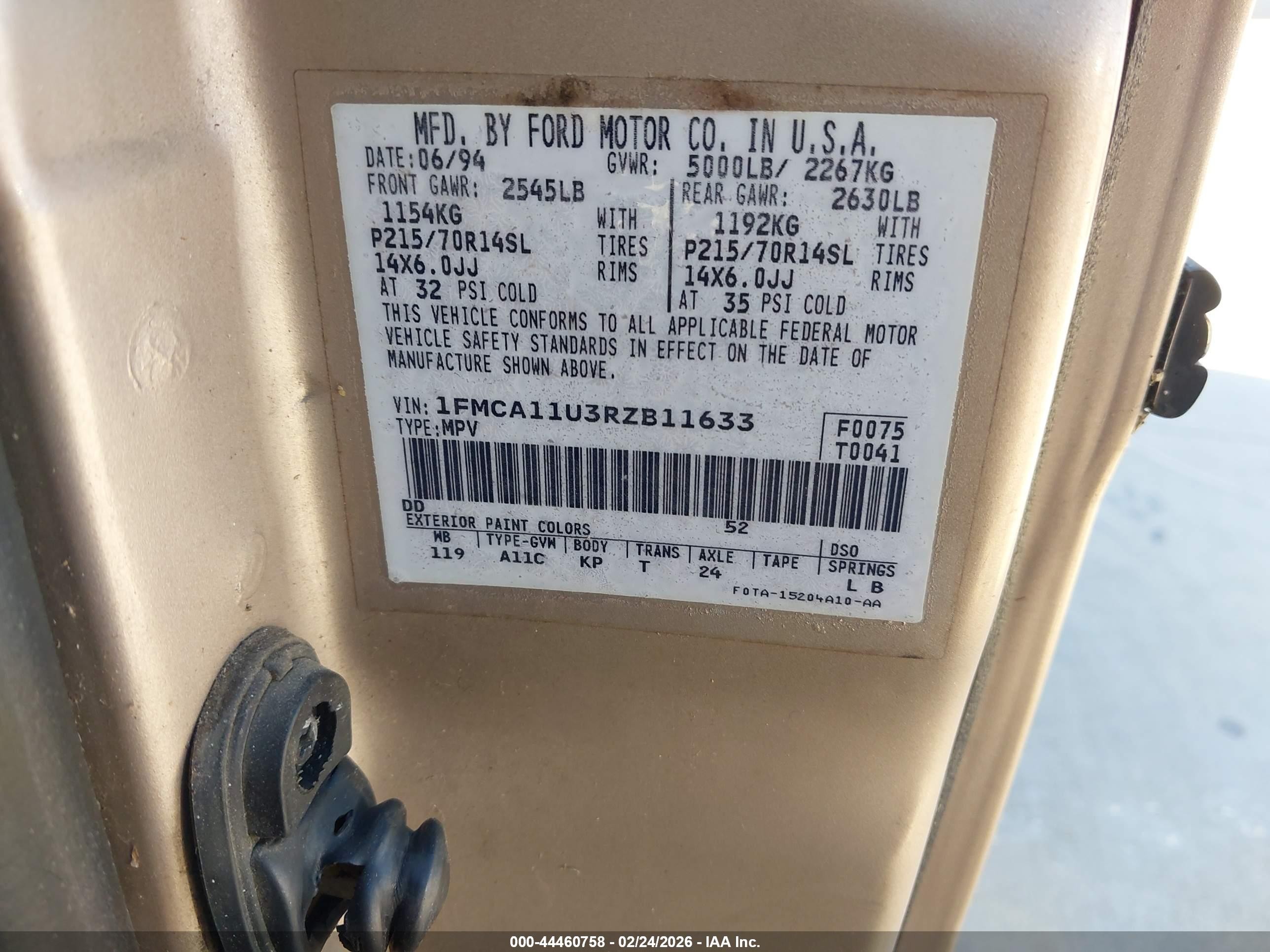 1994 Ford Aerostar   Gold vin: 1FMCA11U3RZB11633