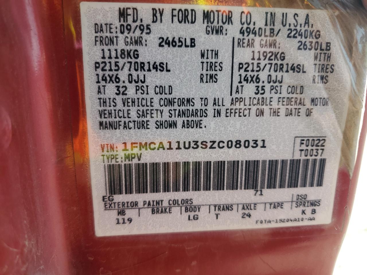 1995 Ford Aerostar Red vin: 1FMCA11U3SZC08031