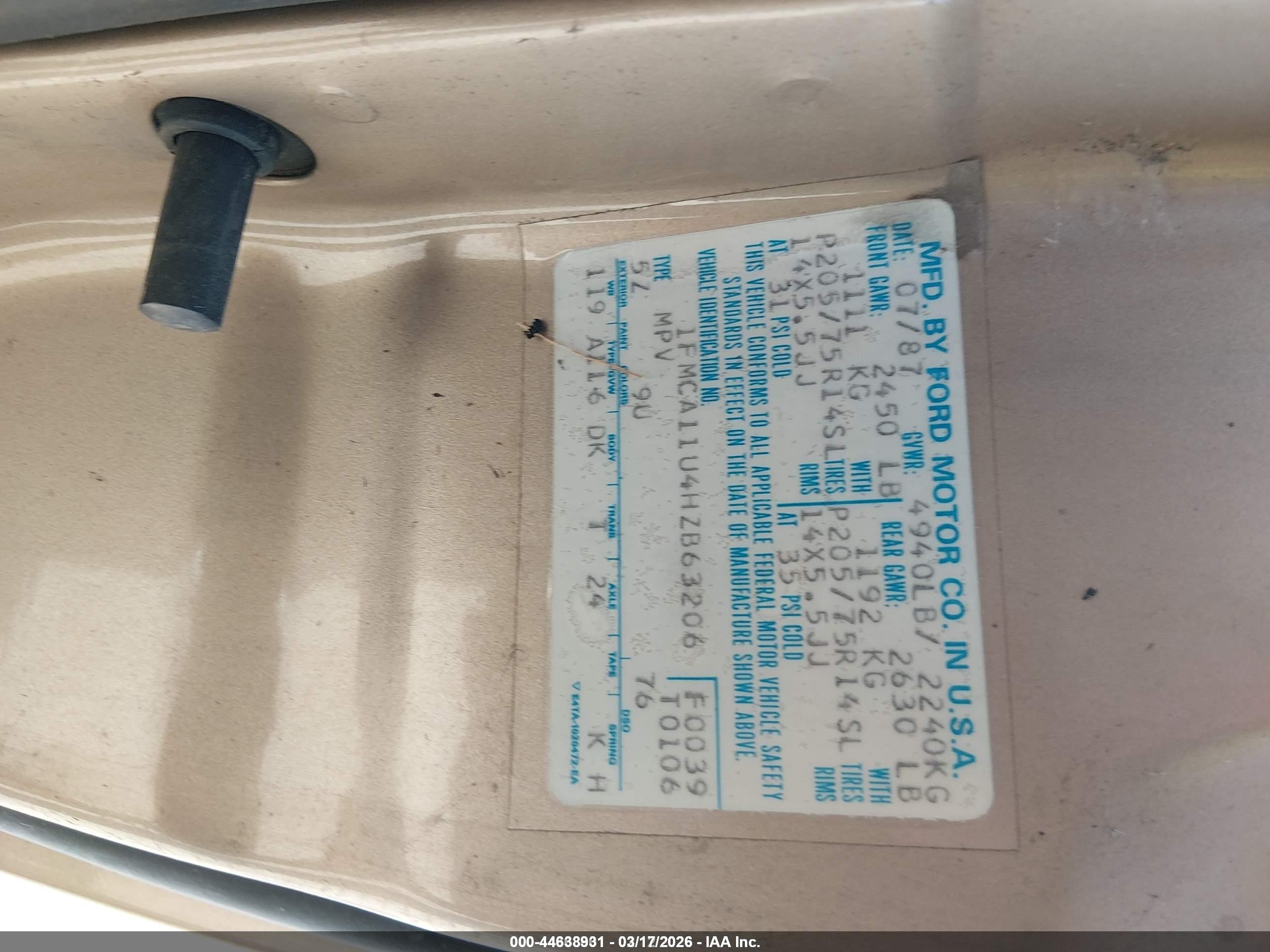 1987 Ford Aerostar Tan vin: 1FMCA11U4HZB63206
