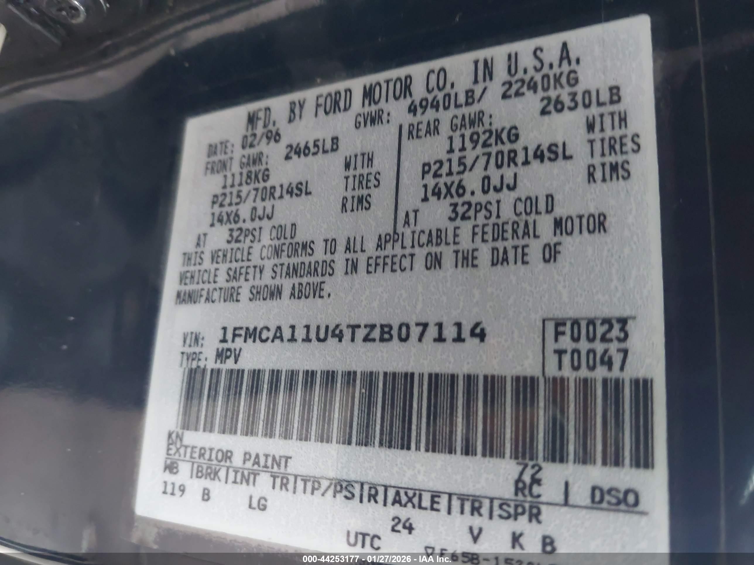1996 Ford Aerostar   Blue vin: 1FMCA11U4TZB07114