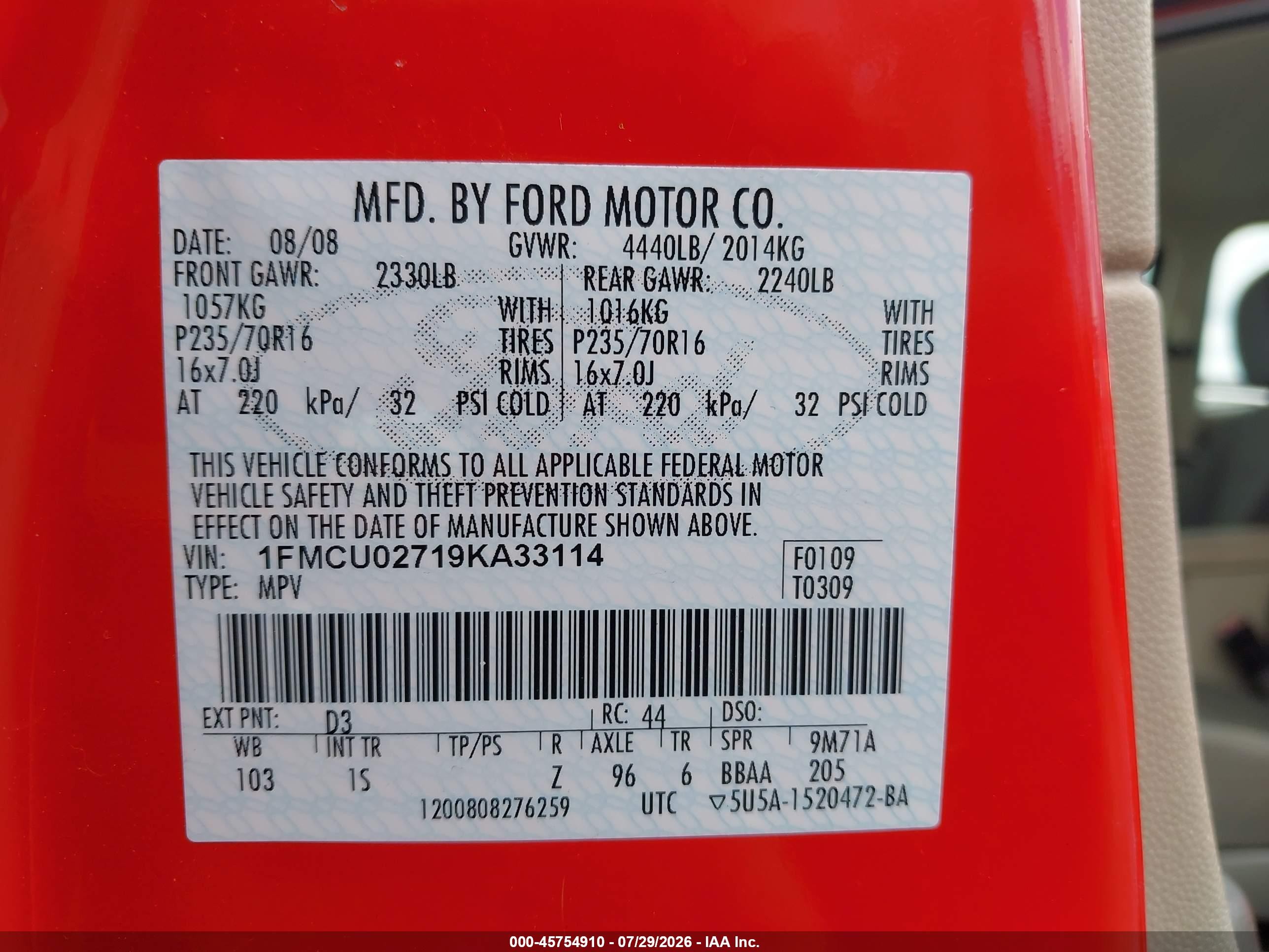 2009 Ford Escape Xls/xls Manual Красный vin: 1FMCU02719KA33114
