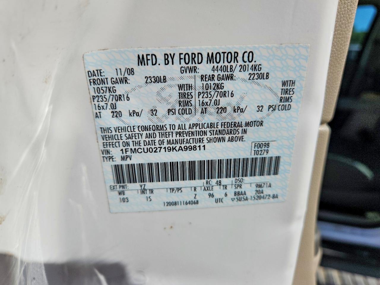 2009 Ford Escape Xls White vin: 1FMCU02719KA99811