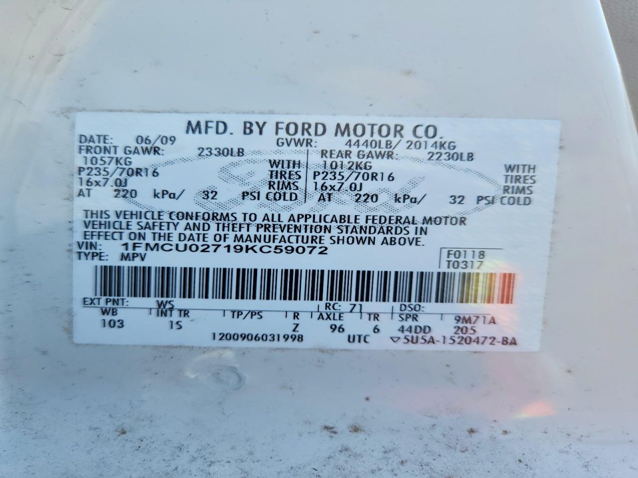 2009 Ford Escape Xls White vin: 1FMCU02719KC59072
