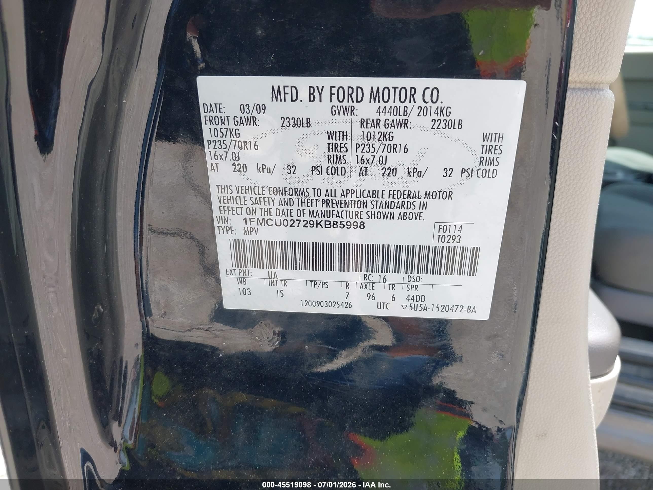 2009 Ford Escape Xls/xls Manual Black vin: 1FMCU02729KB85998
