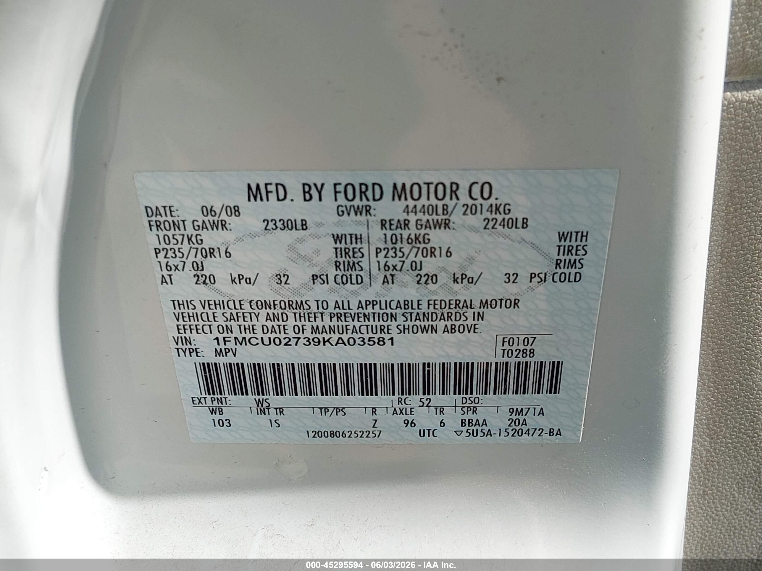 2009 Ford Escape Xls/xls Manual White vin: 1FMCU02739KA03581