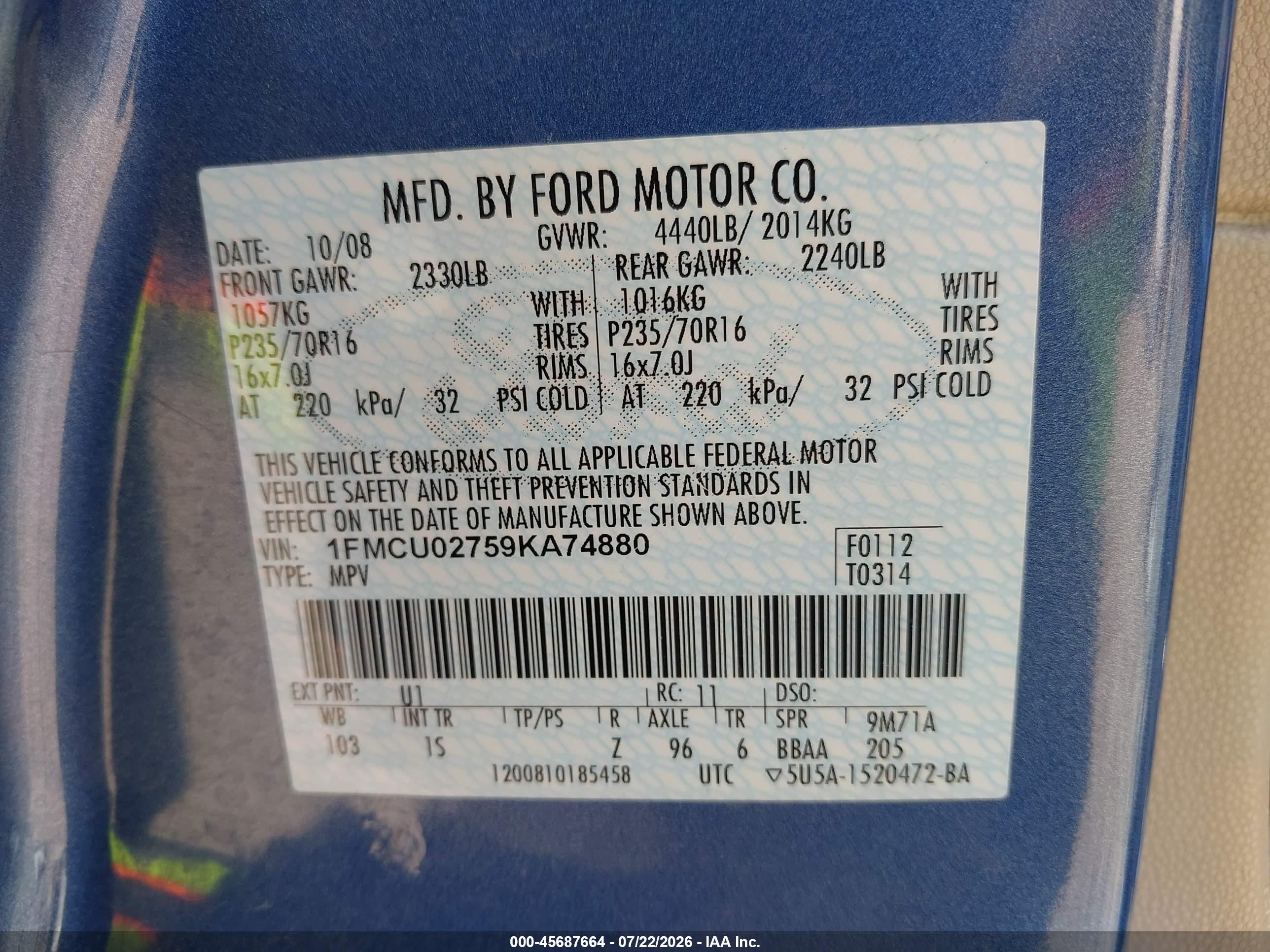2009 Ford Escape Xls/xls Manual Blue vin: 1FMCU02759KA74880