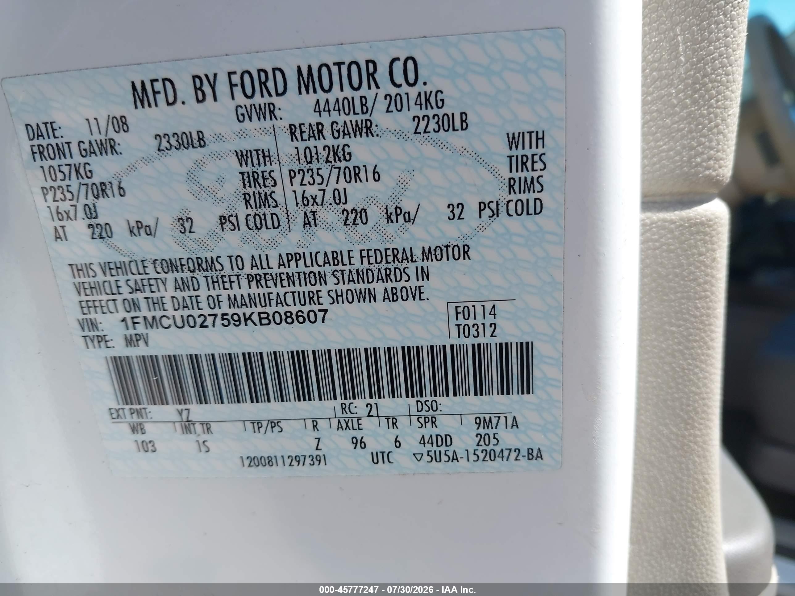 2009 Ford Escape Xls/xls Manual White vin: 1FMCU02759KB08607