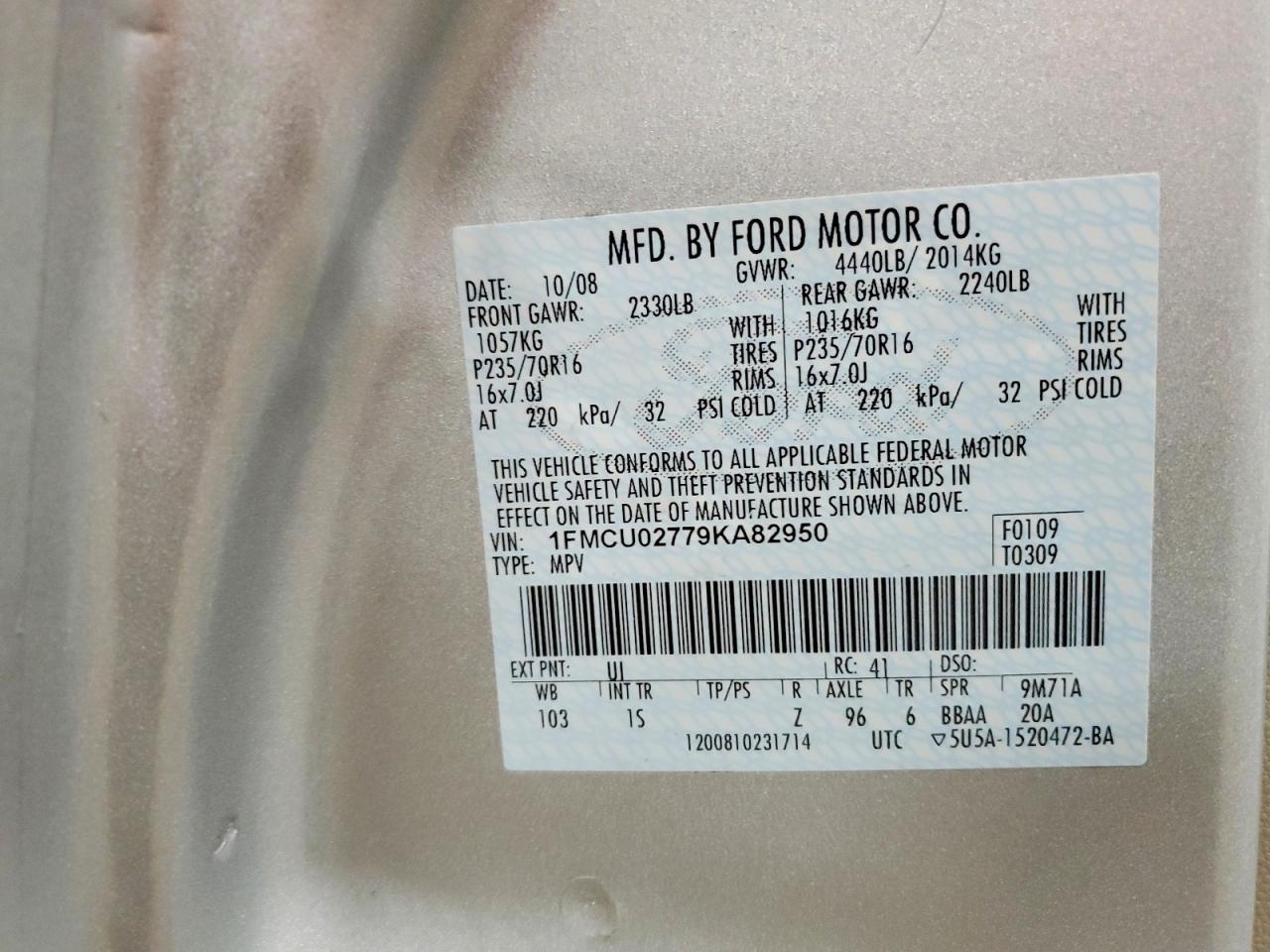 2009 Ford Escape Xls Silver vin: 1FMCU02779KA82950