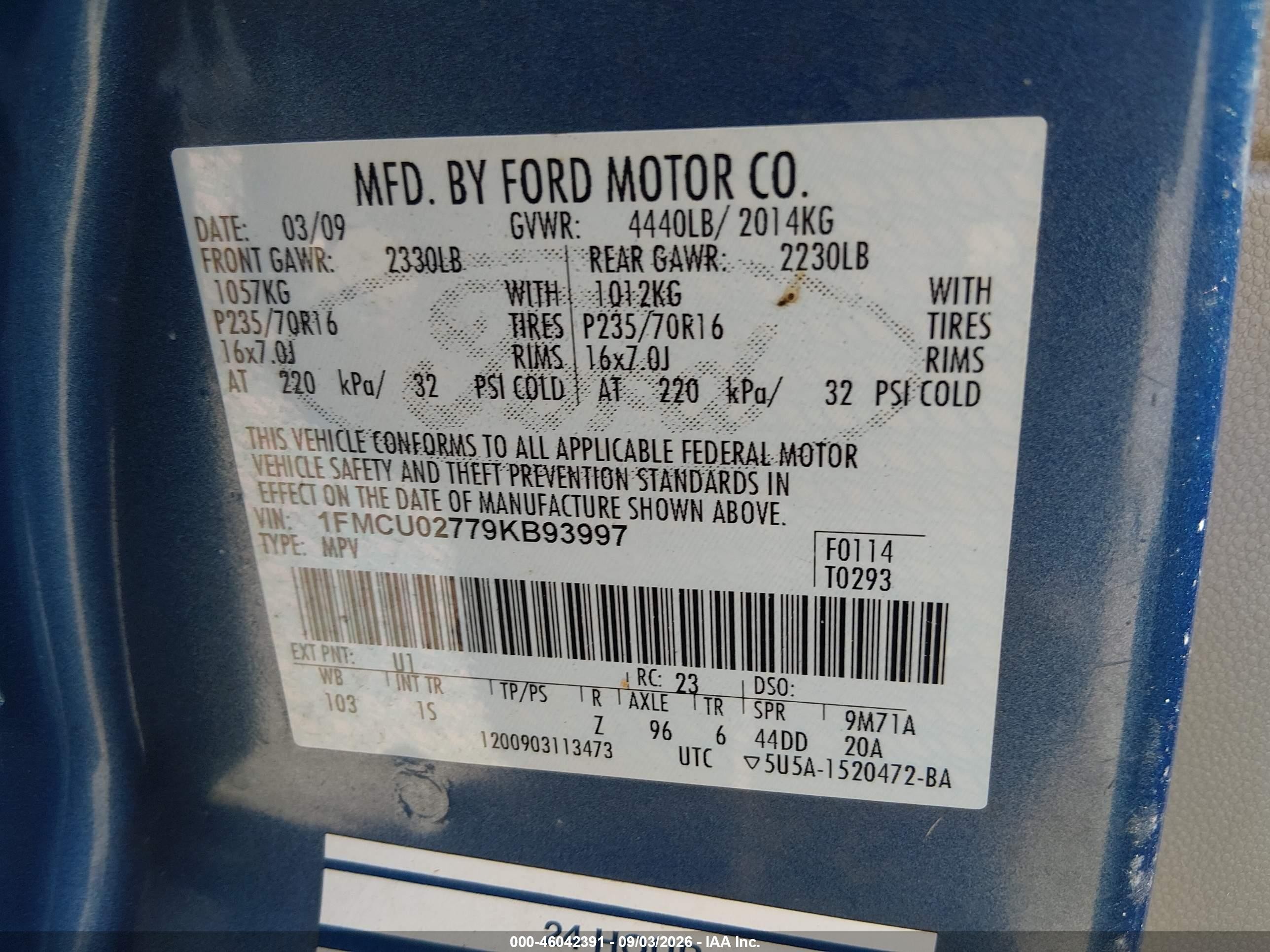 2009 Ford Escape Xls/xls Manual Blue vin: 1FMCU02779KB93997