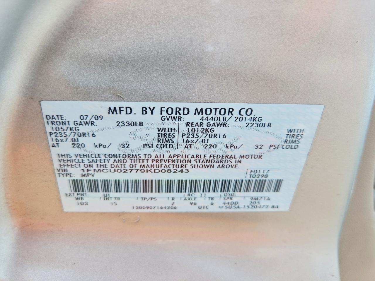 2009 Ford Escape Xls Silver vin: 1FMCU02779KD08243