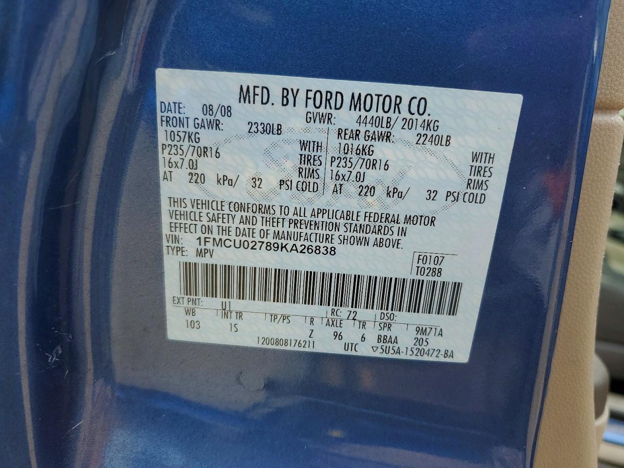 2009 Ford Escape Blue vin: 1FMCU02789KA26838