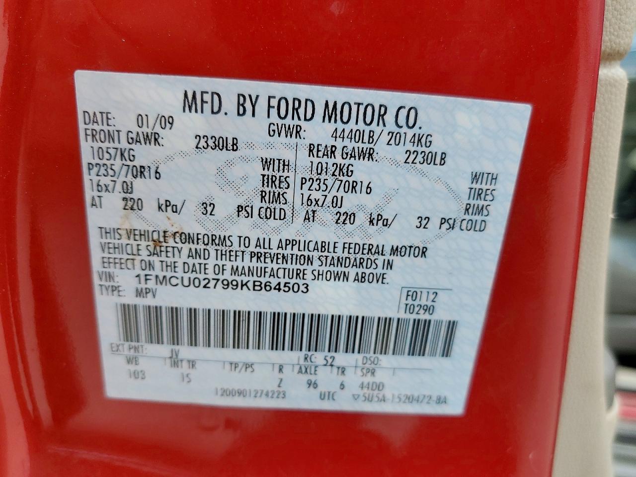 2009 Ford Escape Xls Red vin: 1FMCU02799KB64503