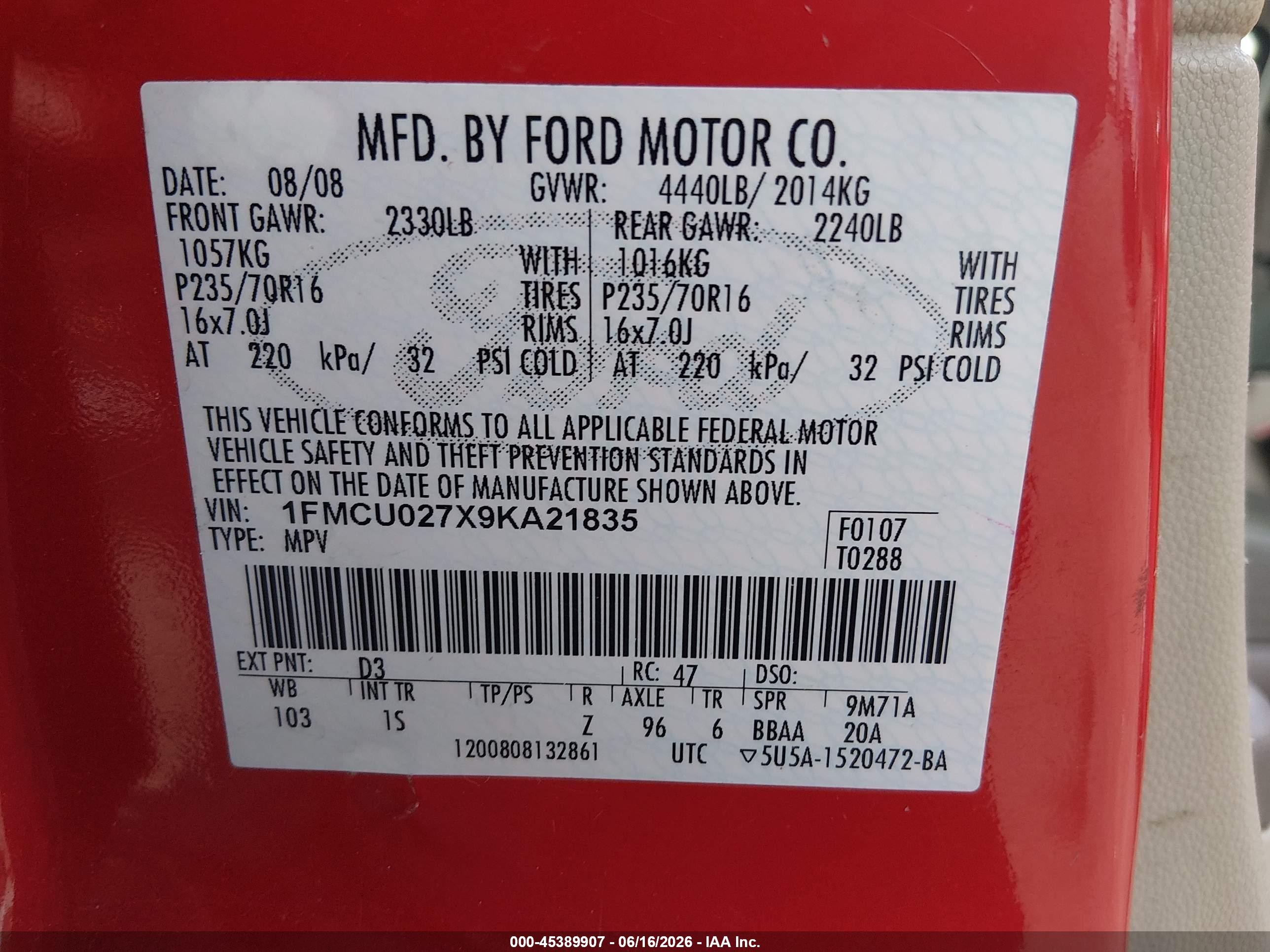 2009 Ford Escape Xls/xls Manual Red vin: 1FMCU027X9KA21835