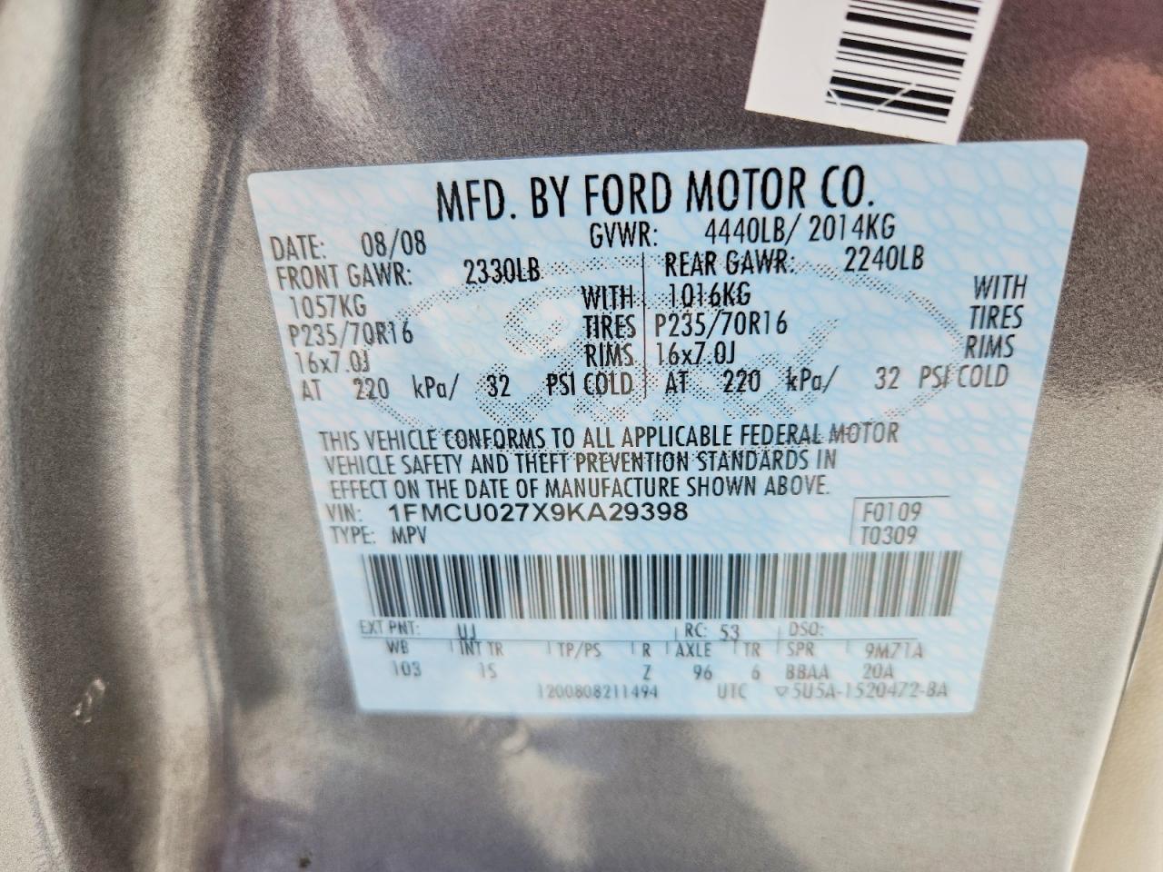 2009 Ford Escape Xls Gray vin: 1FMCU027X9KA29398