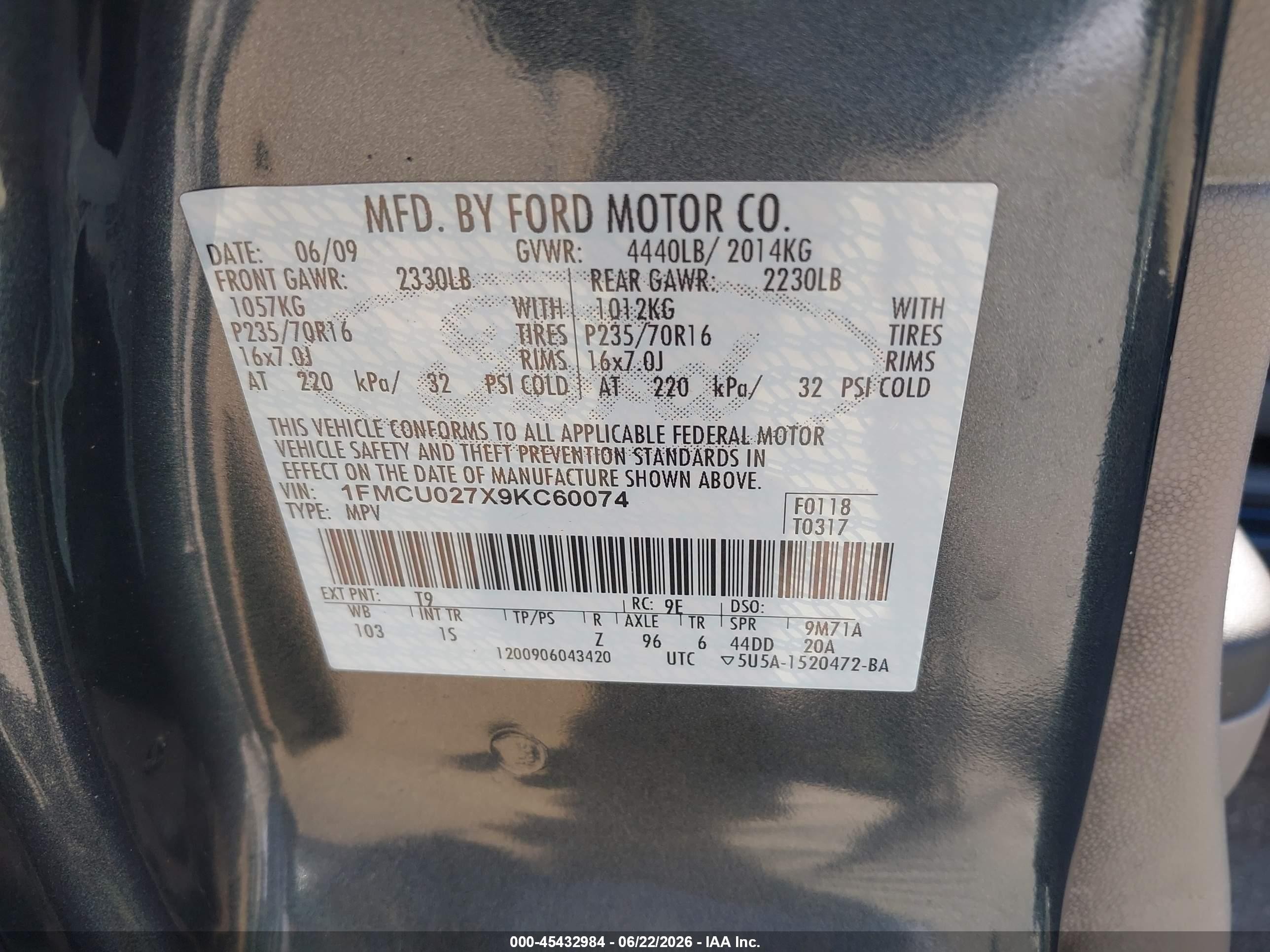 2009 Ford Escape Xls/xls Manual Gray vin: 1FMCU027X9KC60074