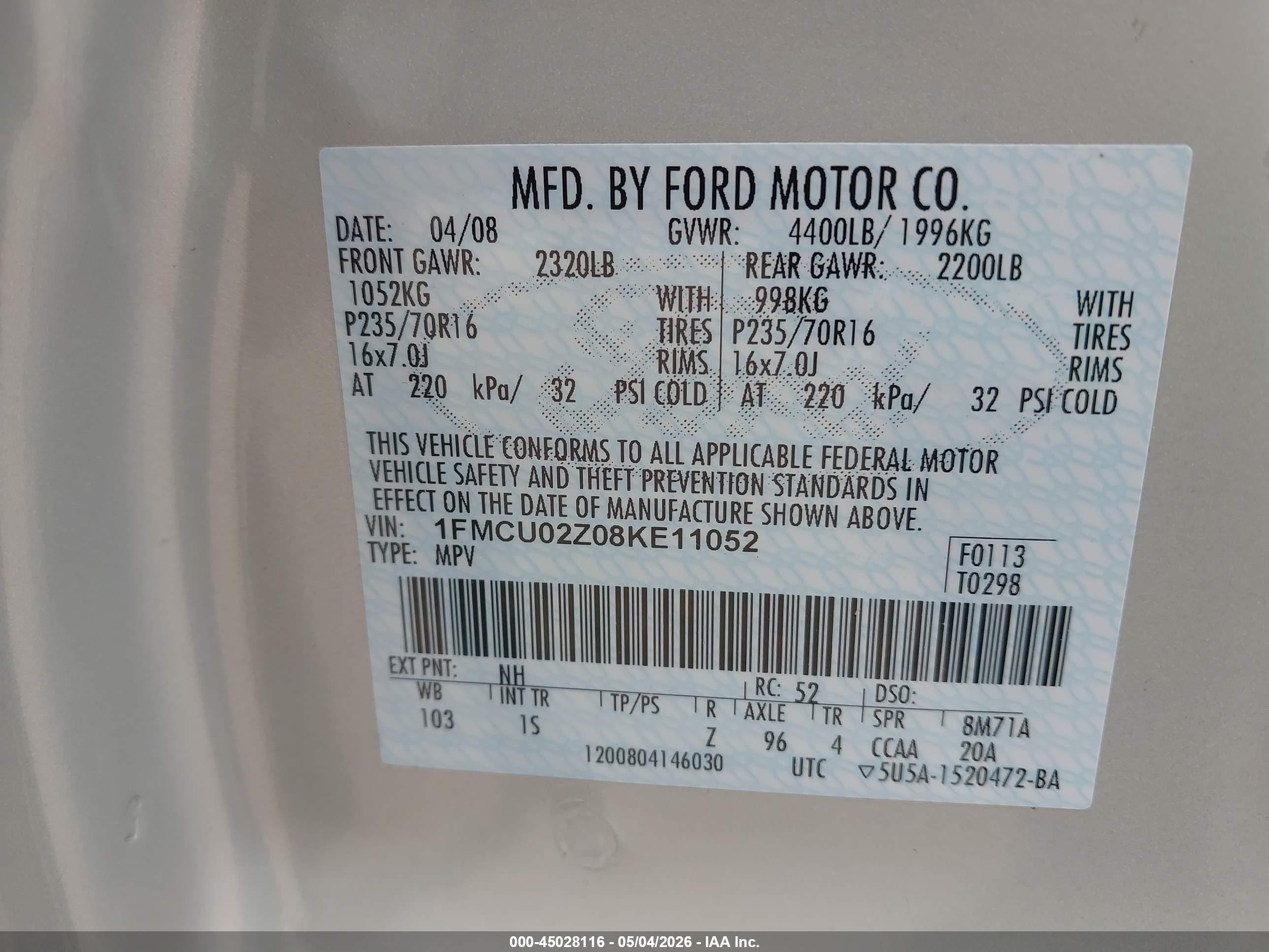 2008 Ford Escape Xls Beige vin: 1FMCU02Z08KE11052