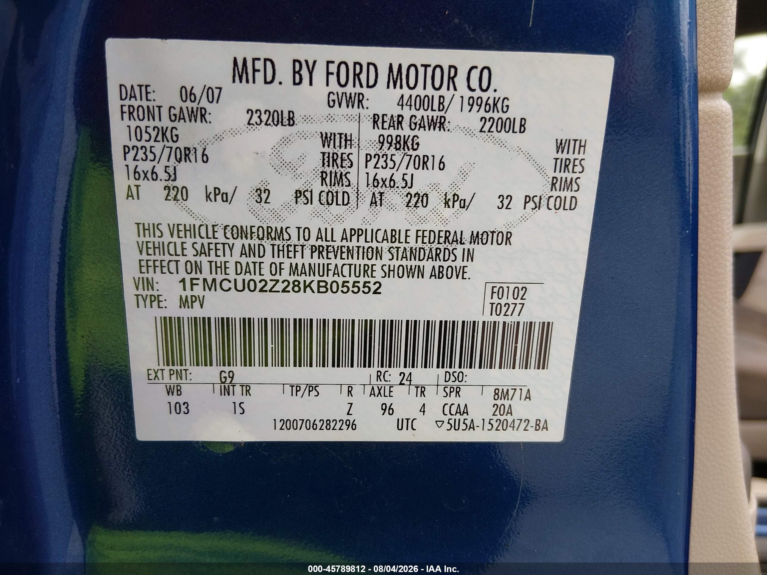 2008 Ford Escape Xls/xls Manual Blue vin: 1FMCU02Z28KB05552
