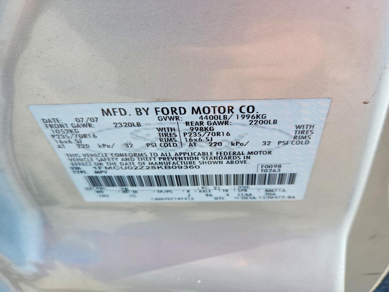 2008 Ford Escape Xls Silver vin: 1FMCU02Z28KB09360