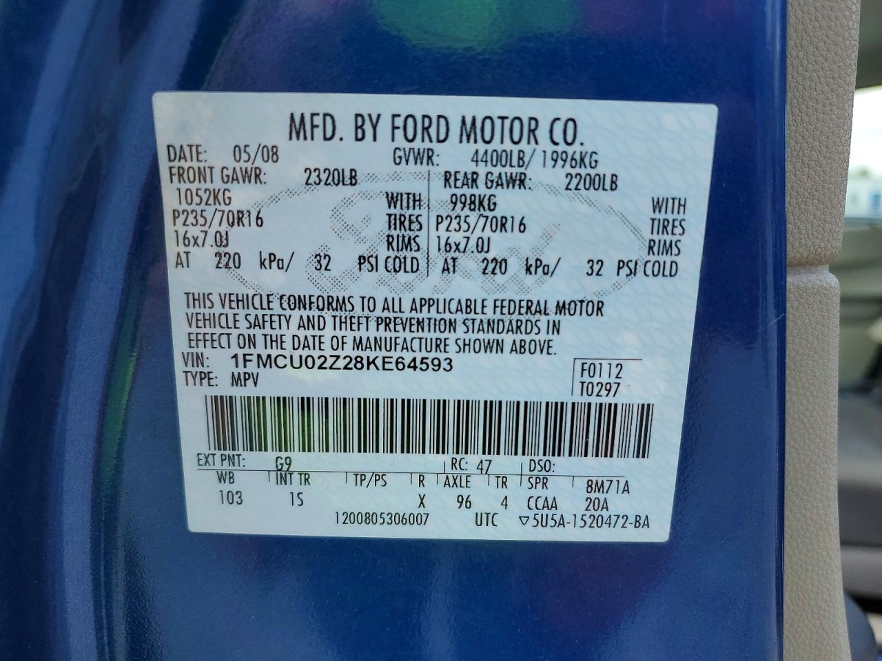 2008 Ford Escape Xls Blue vin: 1FMCU02Z28KE64593