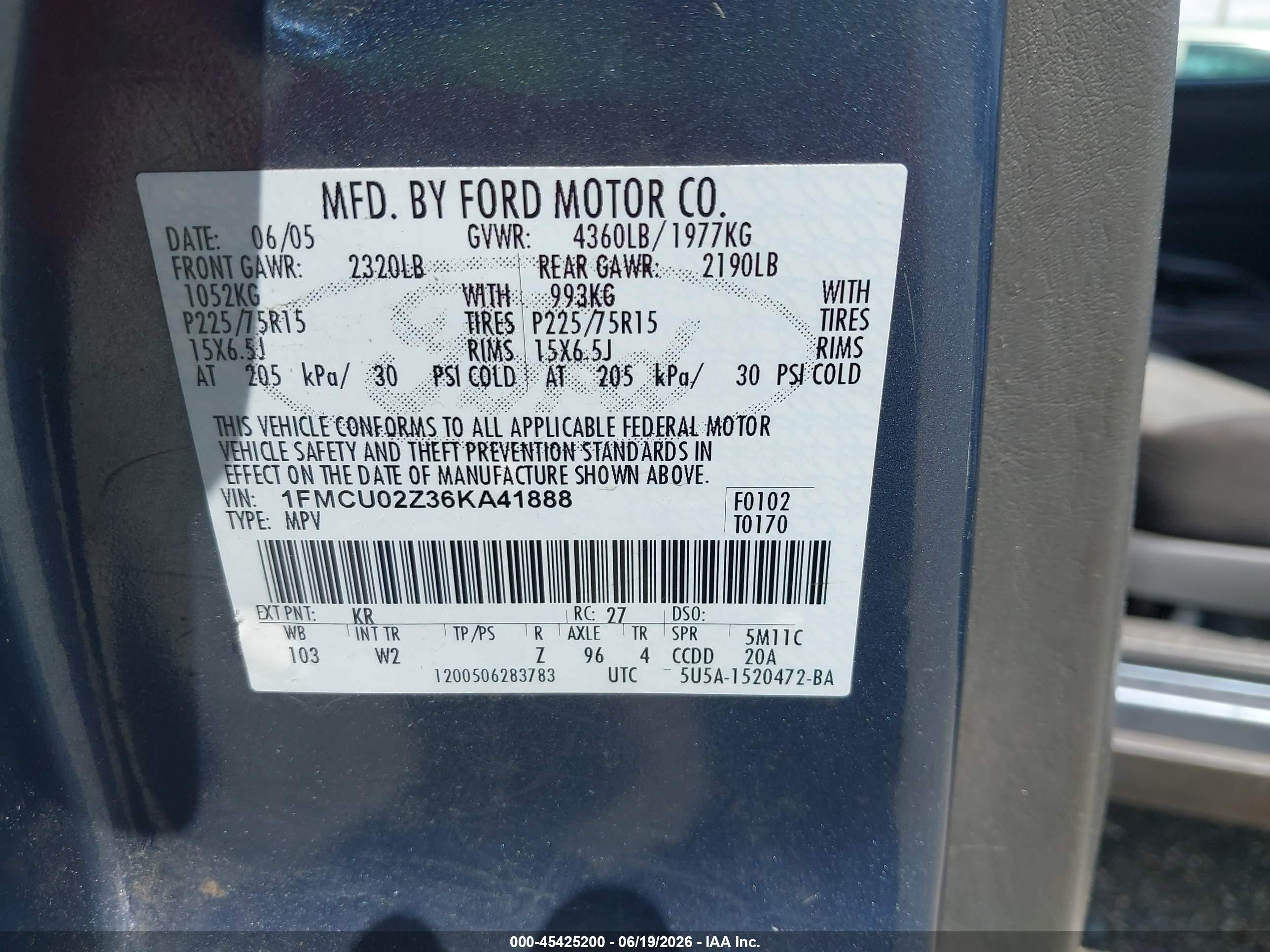 2006 Ford Escape Xls Blue vin: 1FMCU02Z36KA41888